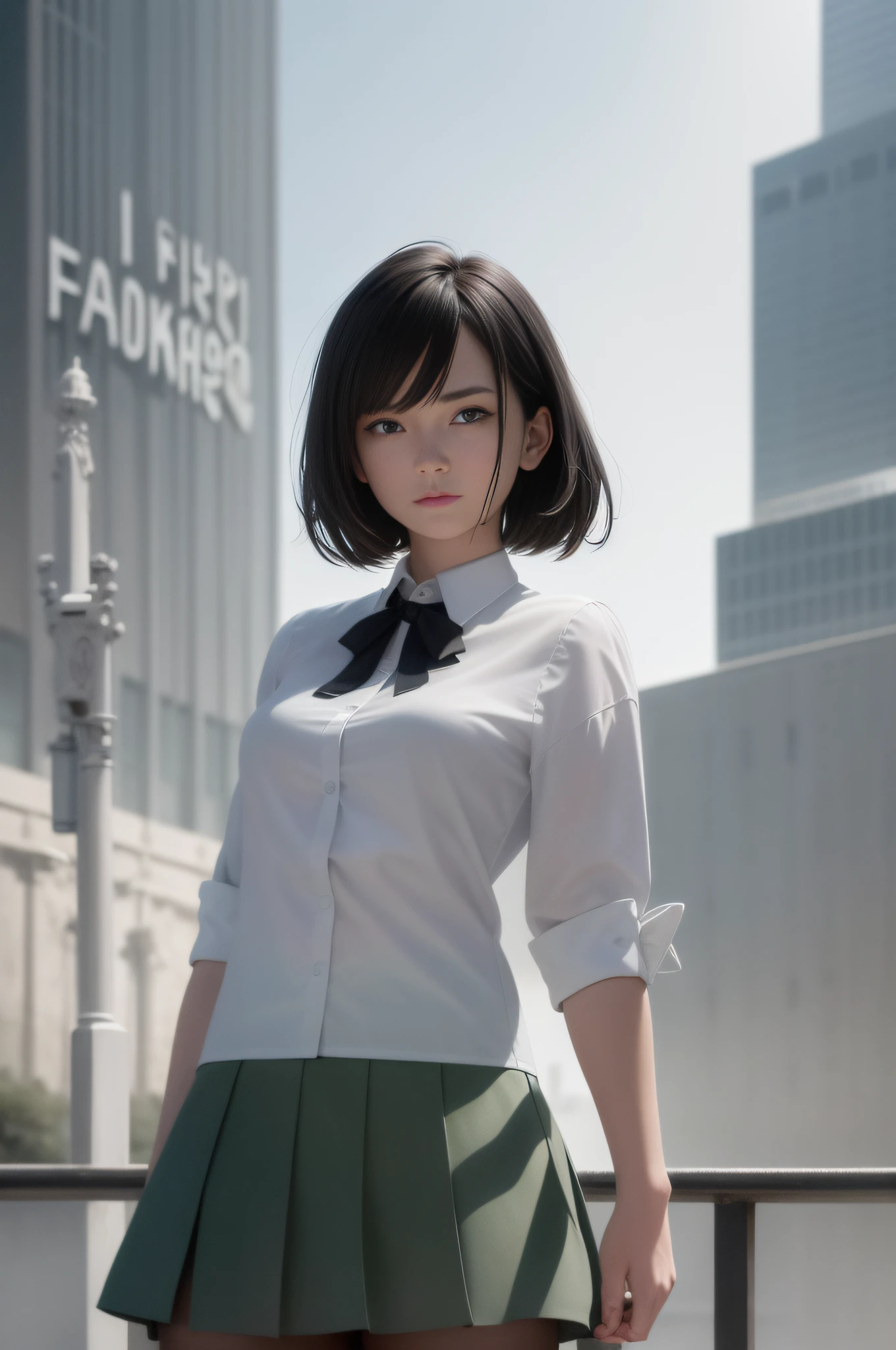 masterpiece, best image , black hair, blue eyes, looking up, upper body, thin transparent shirt with white collar, textured face, stubborn stance, on the roof of a building, very detailed city roof background, standing with rooftop railing, overlooking the city, with the PARCO sign of the next building in the background, shading, light awn, watercolor style, one girl surrounded by the roof of the building, pointed, ultra high definition face, detailed eyes, Neat thin soft cloth green skirt, random hairstyle short hair, green ribbon, (8K, RAW, professional, best quality, masterpiece: 1.2), (realistic, photorealistic: 1.37), super detail, (portrait), (best detail skin: 1.2), (best detail face: 1.2), cinematic lighting