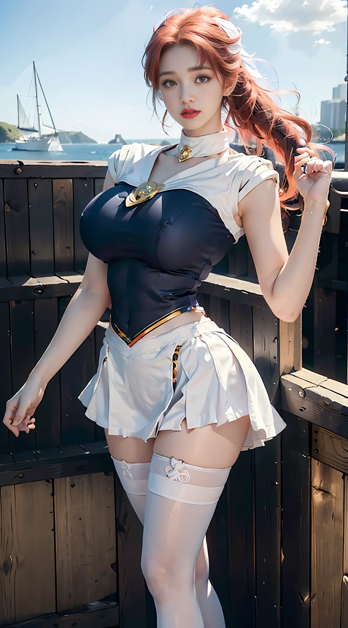 ((Sailor Moon Costume: 8)) by Sailor Moon, Best Quality, Ultra High Resolution, Masterpiece, (Realism: 1.6), 16K, (1 girl with open navel), (Huge: 3, Thick thighs: 3), (Blue miniskirt: 5, Long red hair: 1.3, White socks), white background