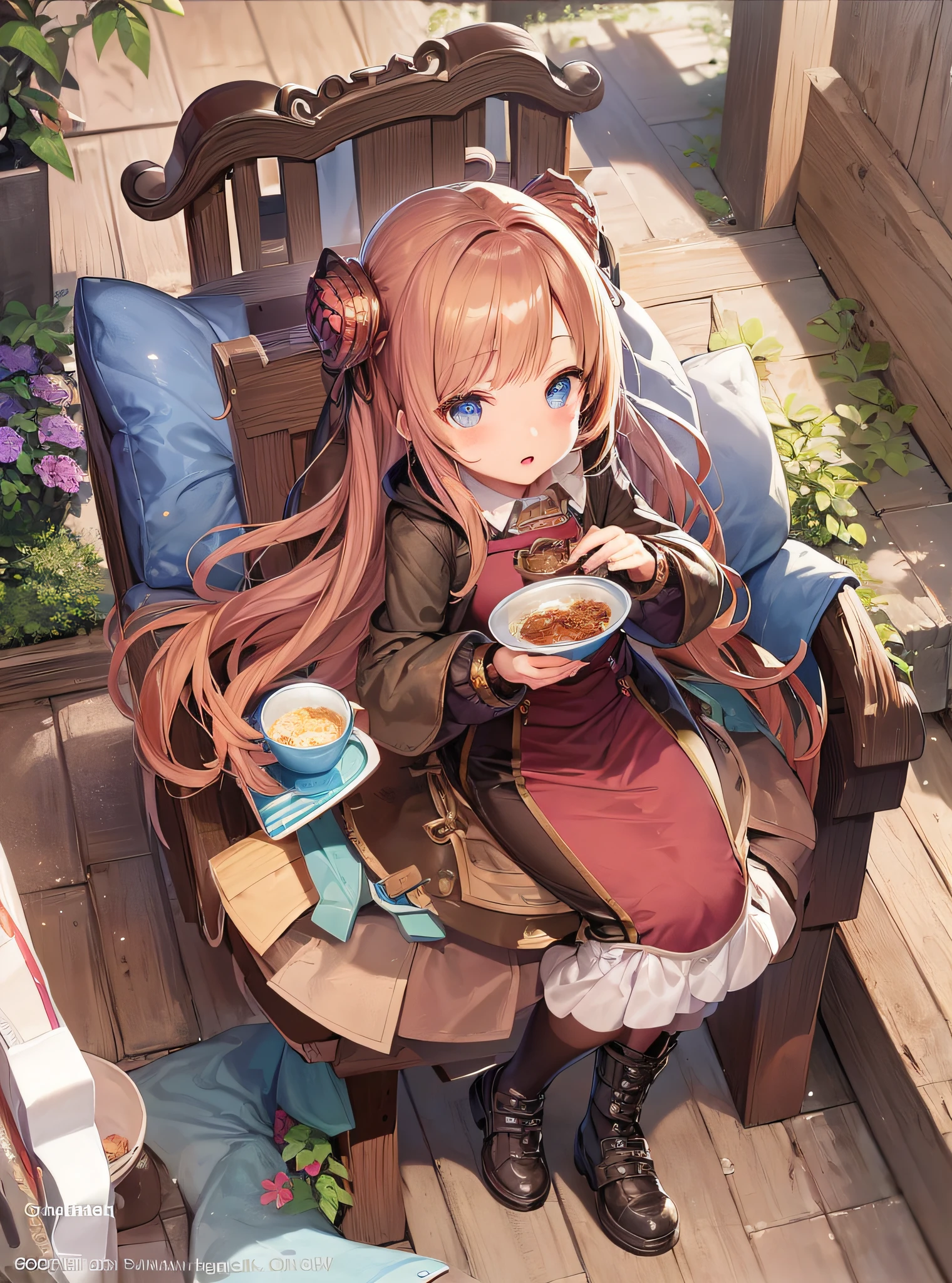 anime girl sitting in chair with a bowl of food in her hand, alchemist girl, light novel cover art, official art, epic light novel art cover, official artwork, epic light novel cover art, loli, isekai, small curvy loli, cushart krenz, cushart, cushart krenz key art feminine, shadowverse style, moe