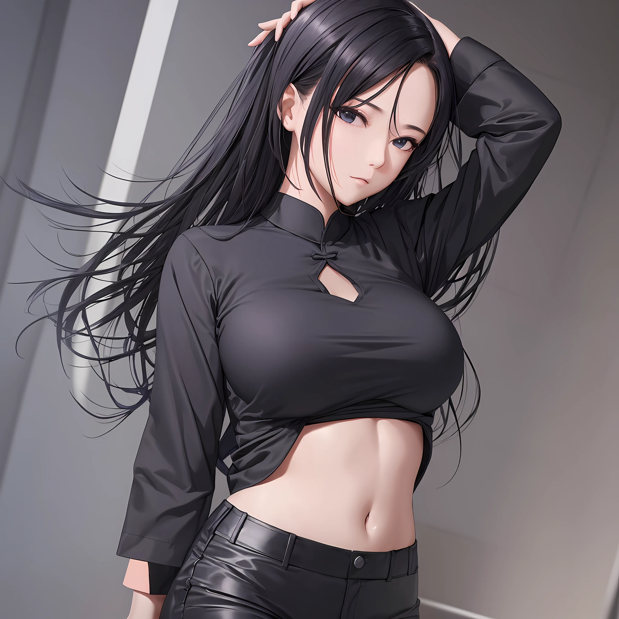 Excellent, masterpiece, cinematic texture, (adult: 1.5) 1 Chinese girl, black short-sleeved suit, black V-shaped T-shirt, black cropped pants, full breasts, tied hair, beautiful hair rope --auto --s2