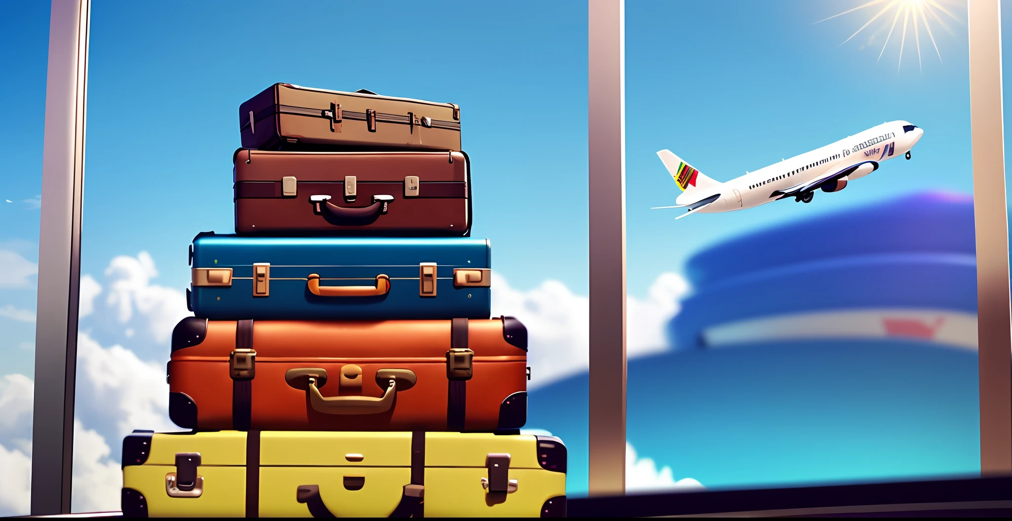 arafed view of a plane flying over a stack of luggage, luggage, travel upwards, vacation photo, in suitcase, traveller, photo render, travel and adventure, travel, traveler, traveling clothes, travel ad, background blurred, vacation, 🕹️ 😎 🔫 🤖 🚬, travelers, photo shot, video, ready to fly, sun is shining