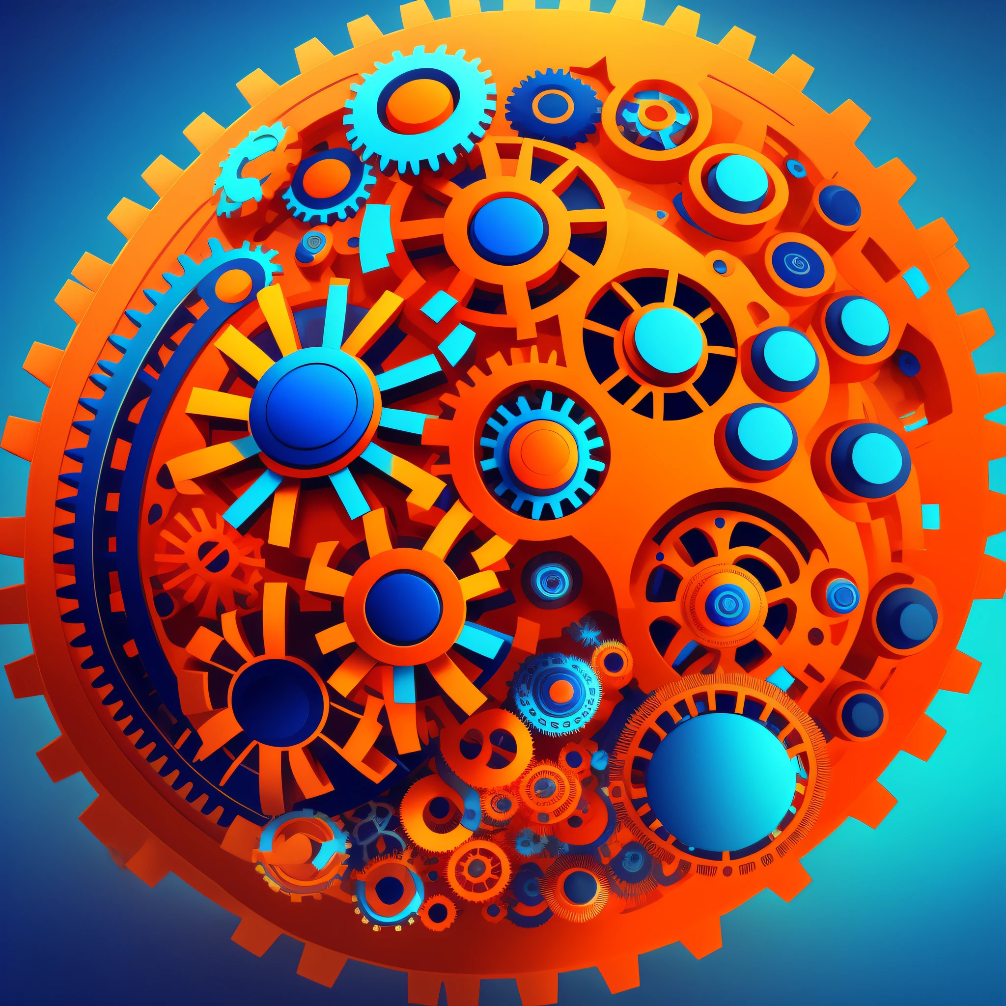 A stylized brain in the center, surrounded by gears in different sizes. The colors: vibrant electric orange for the brain and a shimmering blue for the gears.