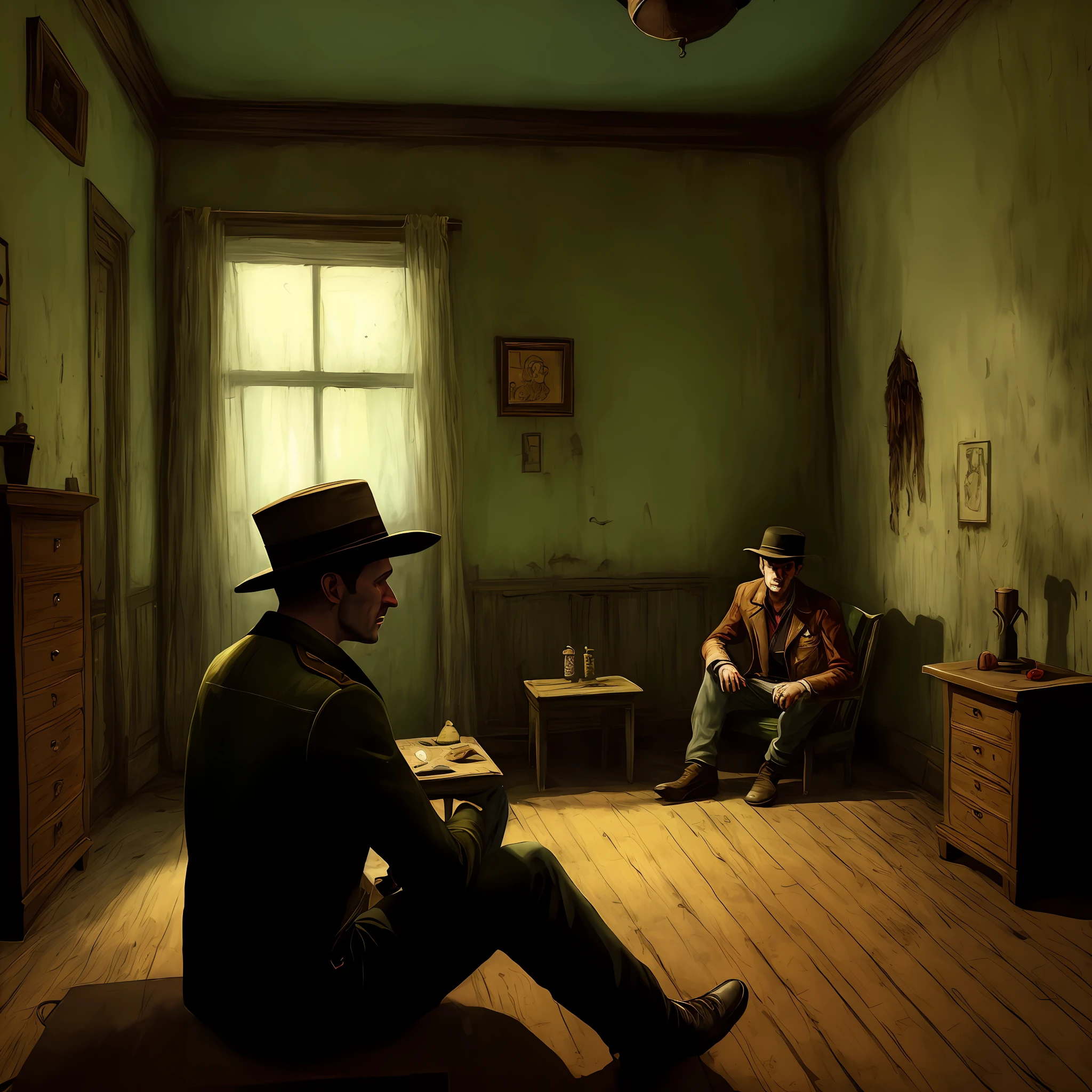 arafed image of a man in a hat sitting in a room, a screenshot inspired by Alfred Freddy Krupa, polycount, massurrealism, horror game graphics, in game, indie video game horror, video game screenshot, videogame still, video game screenshot>, from half-life, in game graphic, horror video game, in - game, in-game