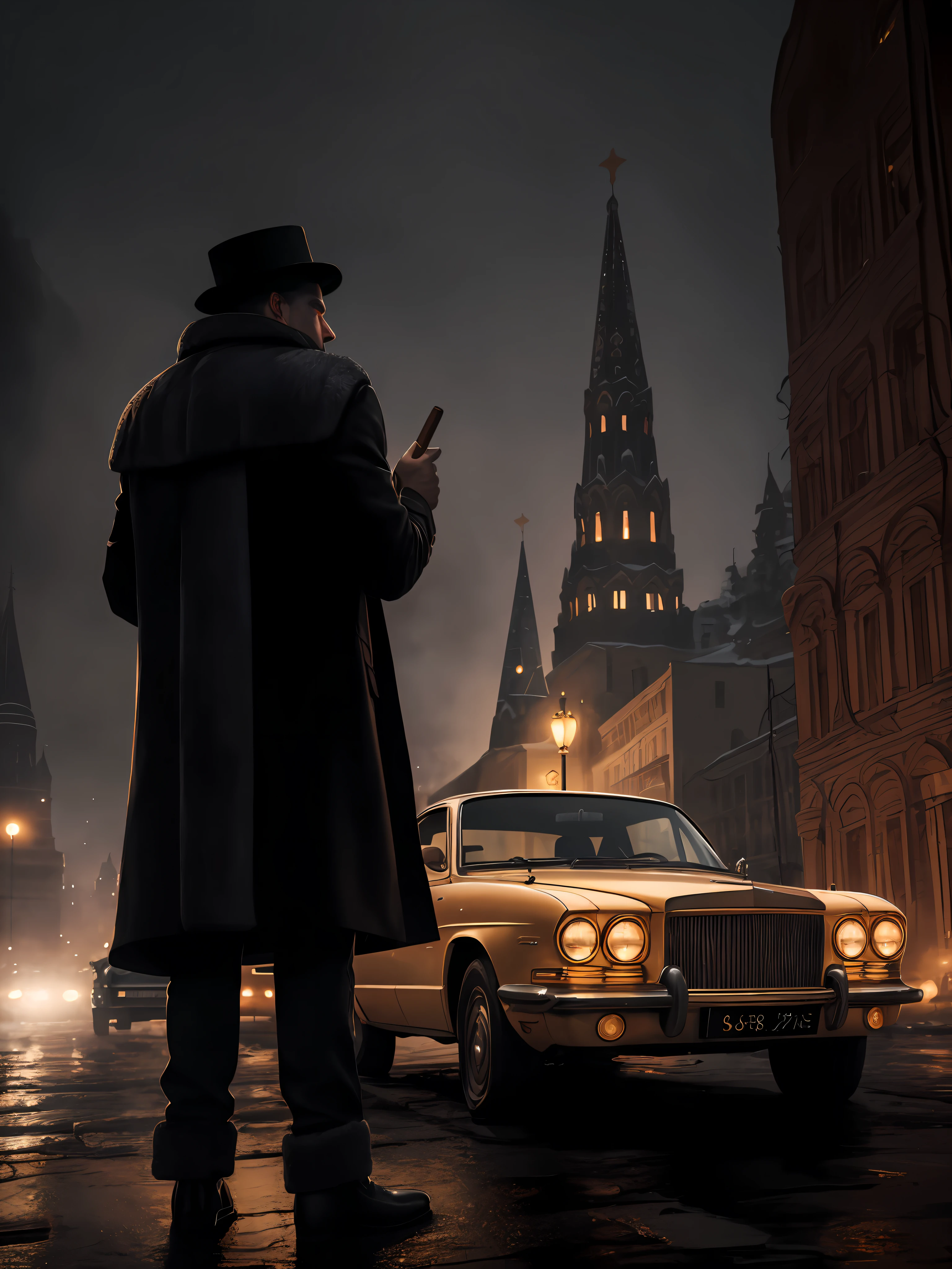 Unique scene, excellent graphics, elaborate details, clear image, excellent realistic image study. In the foreground, an adult Russian man in a fluffy fur coat and a low hat holds a pistol in his left hand and holds a cigar with his right hand. A second younger man, wearing a leather jacket, puts away a lighter. Against the backdrop of the center of Moscow, right behind the heroes is an old luxury car with an open door. Winter, fog, night, cold and warm color.