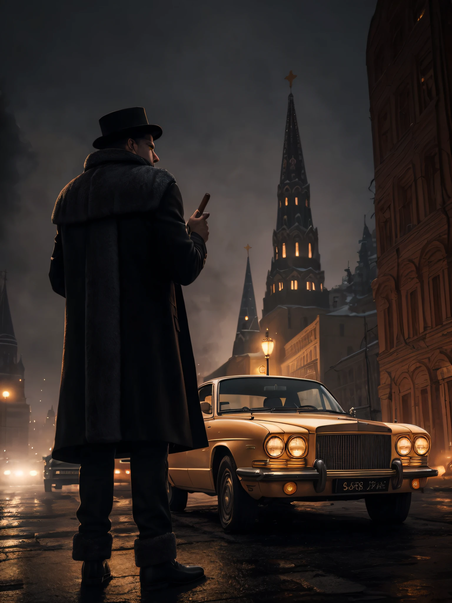 Unique scene, excellent graphics, elaborate details, clear image, excellent realistic image study. In the foreground, an adult Russian man in a fluffy fur coat and a low hat holds a pistol in his left hand and holds a cigar with his right hand. A second younger man, wearing a leather jacket, puts away a lighter. Against the backdrop of the center of Moscow, right behind the heroes is an old luxury car with an open door. Winter, fog, night, cold and warm color.