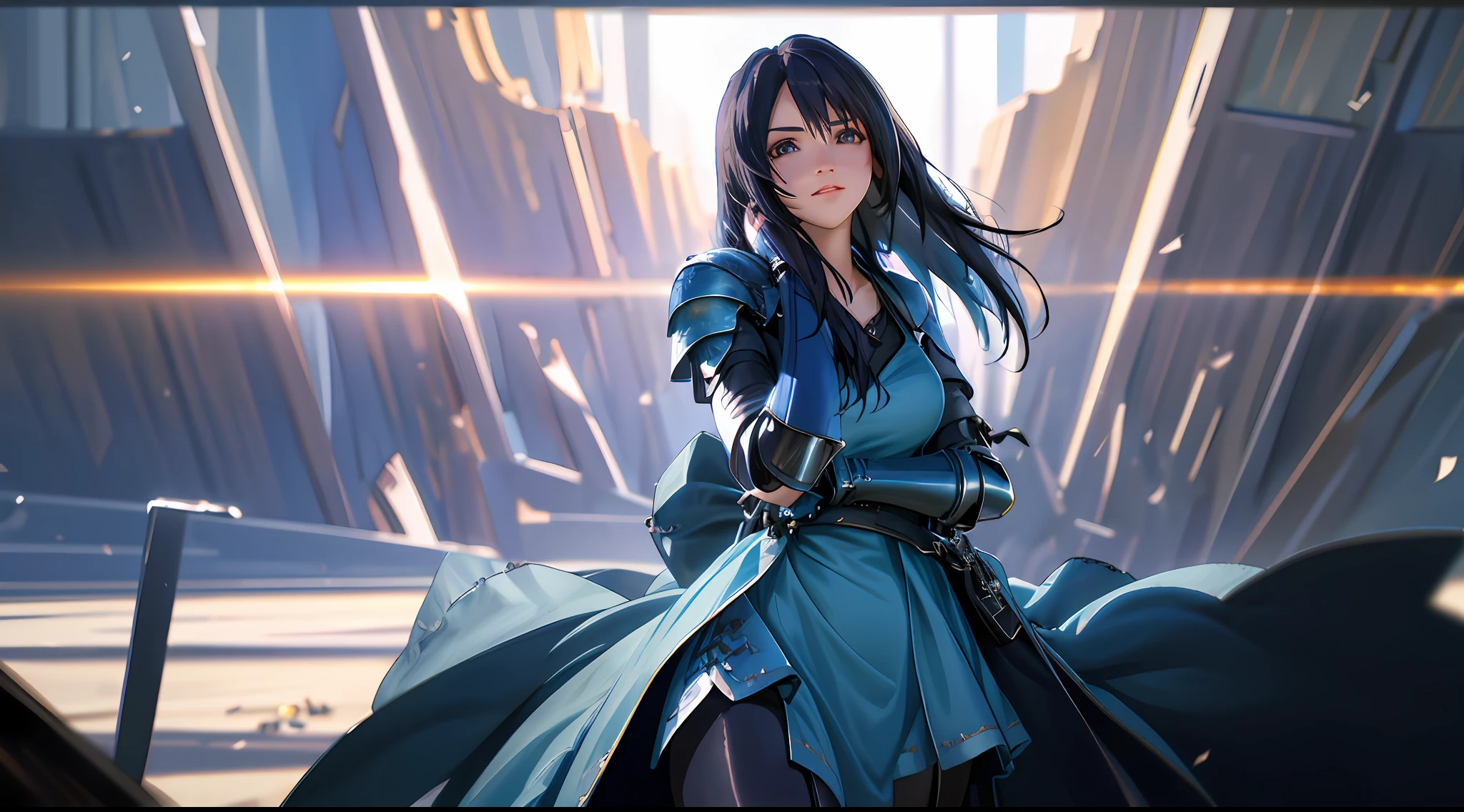 rinoa, blue dress armor, full gauntlets, dark blue full armor, dark fantasy, hair blowing in the wind, incomparable masterpiece, 8k uhd, perfect art, beautiful face, beautiful eyes, precise hands, dramatic lighting, ray tracing, symmetrical eyes