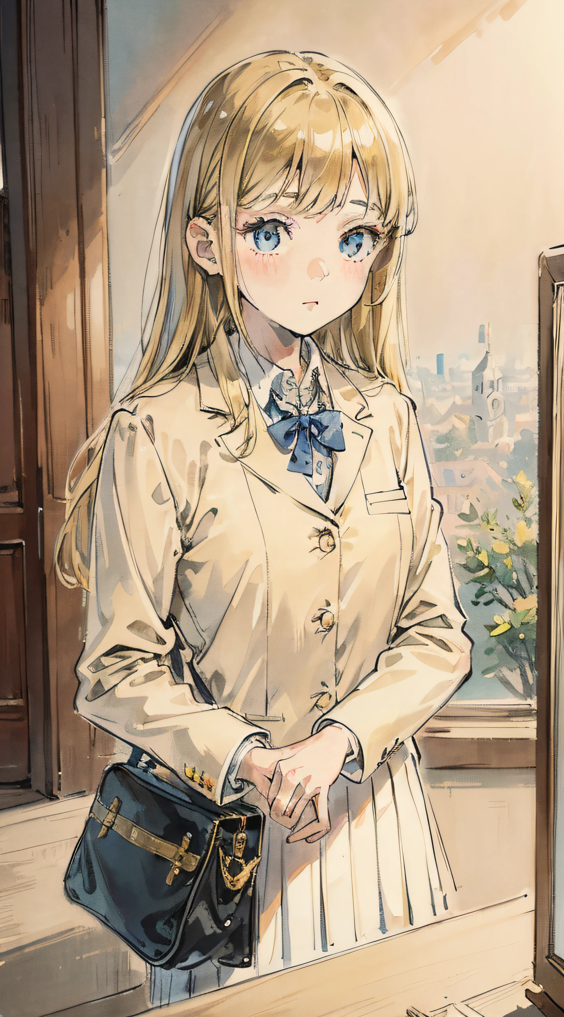 Masterpiece, top quality, 12 years old, very delicate and beautiful girl, neat, with school uniform, blazer, bag, very delicate and beautiful, super definition, top quality, blonde, hi-res, very elaborate, girl, highest quality, illustration, viewer watching, impasto, oil painting, realism, real