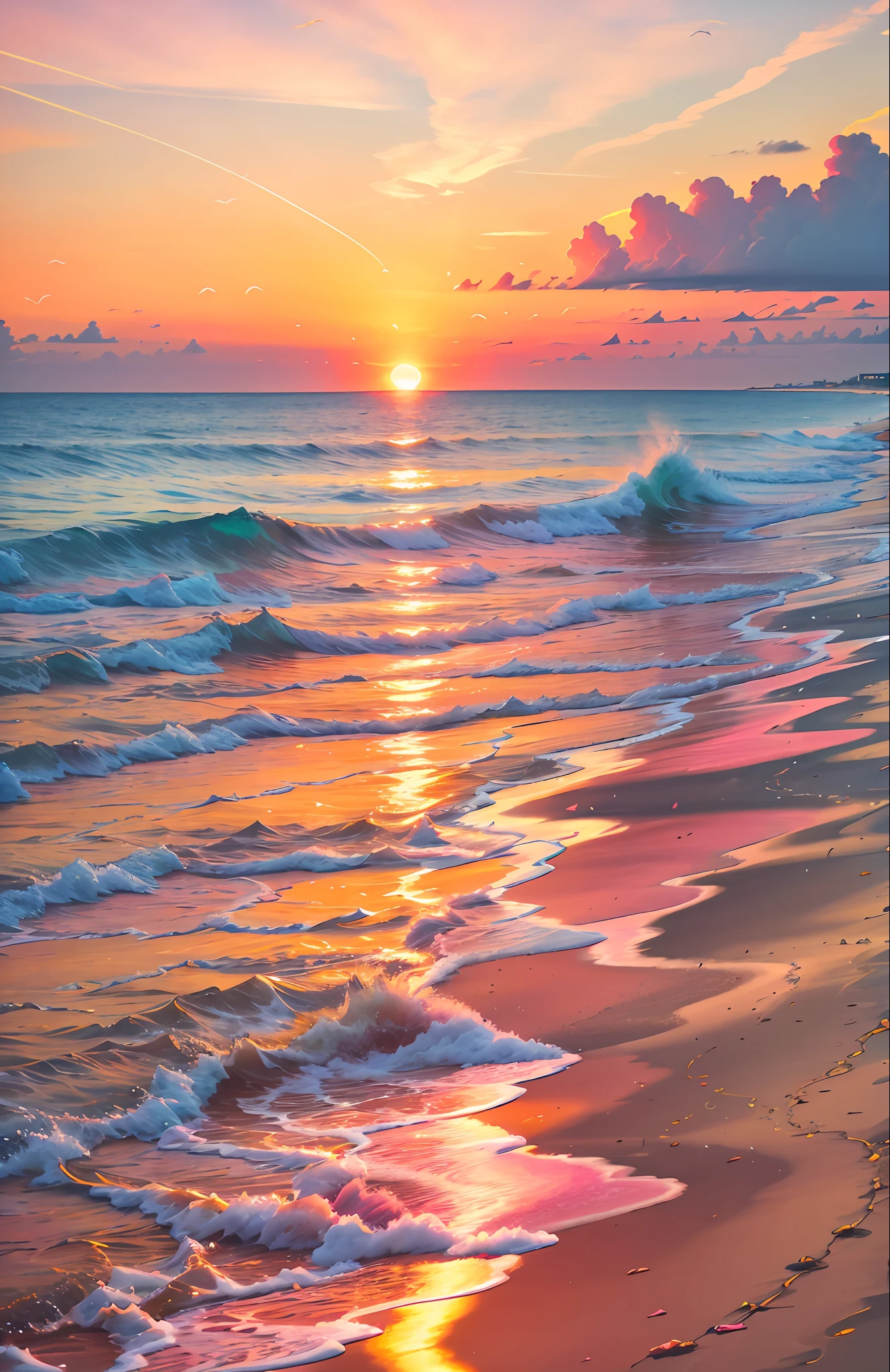 An absolutely mesmerizing sunset on the beach, with a mix of orange, pink, and yellow in the sky. The water is crystal clear, gently kisses the coast, and the white sand is endless. The scene is dynamic and breathtaking, with seagulls soaring high in the sky and palm trees swaying softly. Immerse yourself in the calm atmosphere and let the serenity surround you.