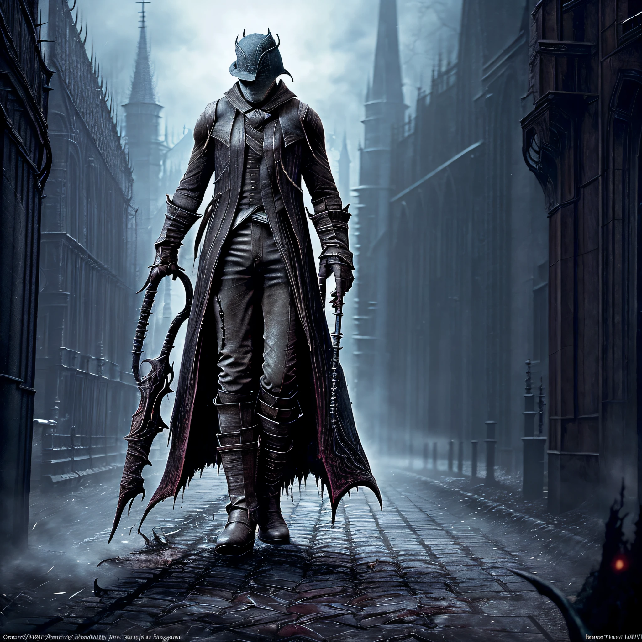 Setting (((Bloodborne) Cinematic, ultra realistic, now imagine the character (((Spaw))) walking down the street.