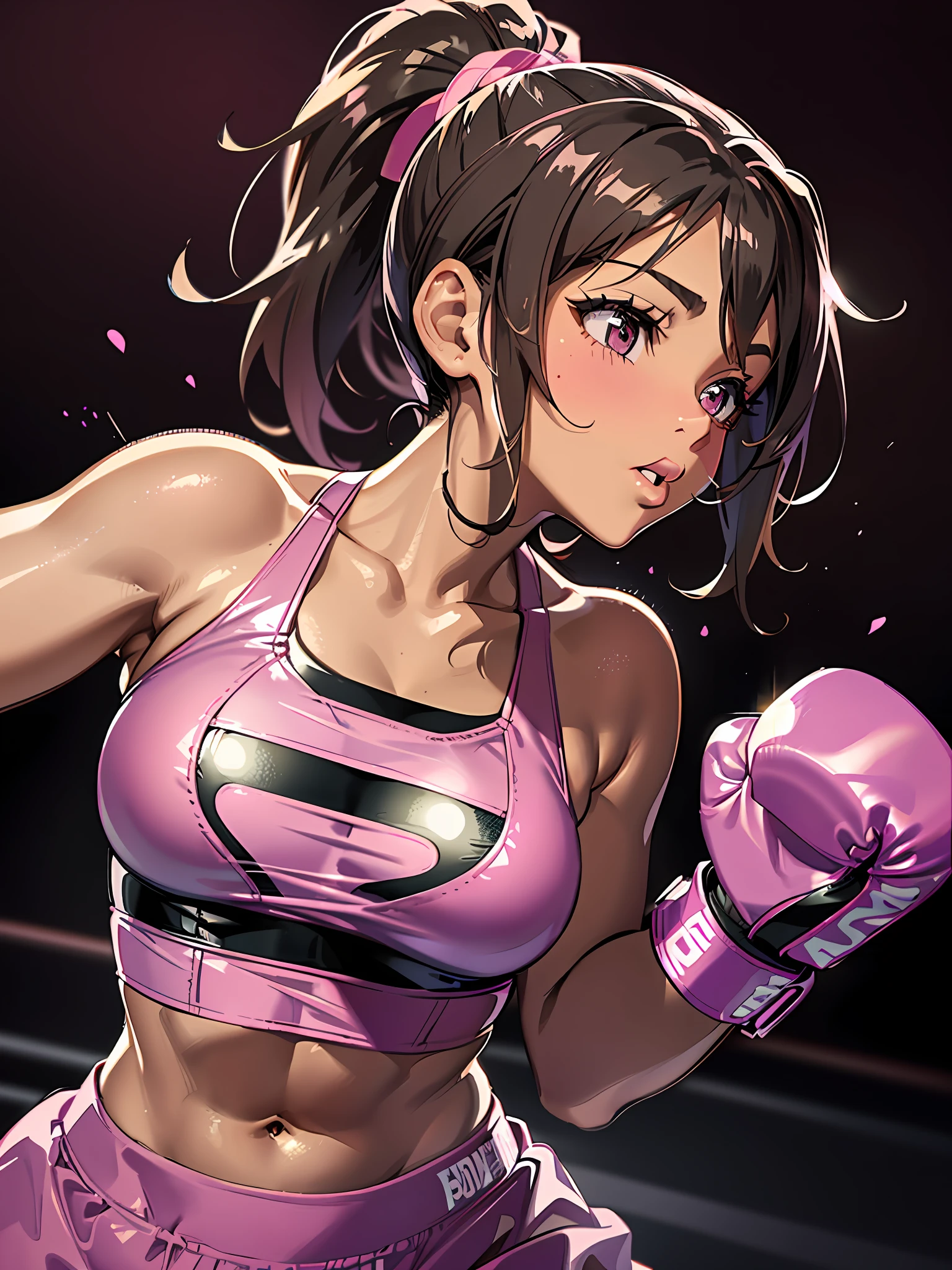 Black gal boxer. Brown skin. Light brown-haired ponytail. Pink lip. Kissing face. He's wearing pink boxing gloves. I'm wearing a pink sports bra. Wearing black leggings. Sexy thick lips. Flashy makeup. One woman. Well-shaped boxing gloves. The background is a boxing ring. Stretch one arm forward.