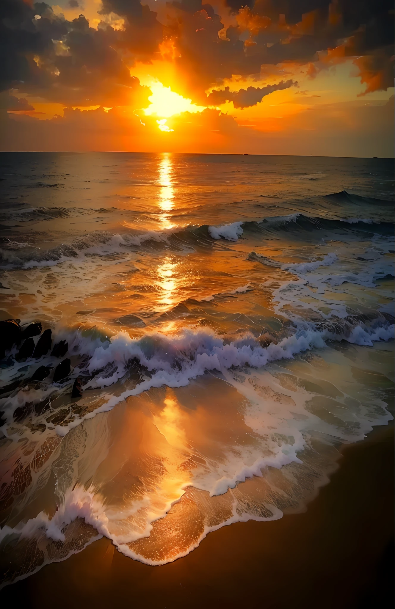 An absolutely mesmerizing sunset on the beach, with a mix of orange, pink, and yellow in the sky. The water is crystal clear, gently kisses the coast, and the white sand is endless. The scene is dynamic and breathtaking, with seagulls soaring high in the sky and palm trees swaying softly. Immerse yourself in the calm atmosphere and let the serenity surround you.
