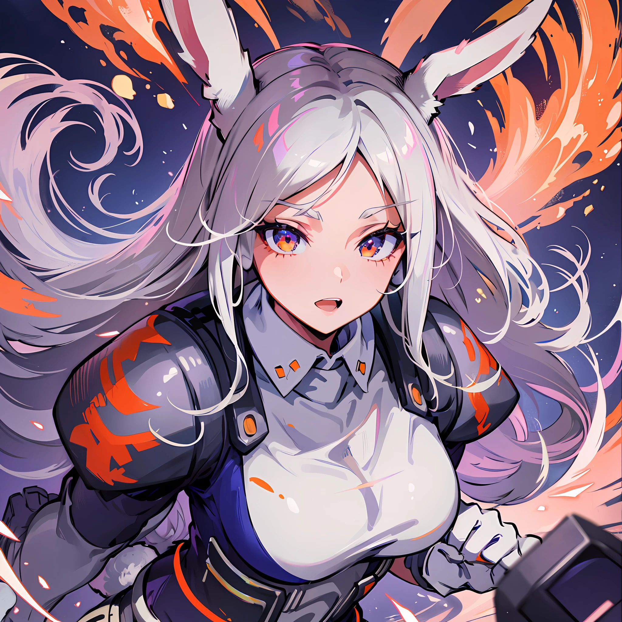 (best quality, Ultra-detailed),illustration,Mirko bunny ears my hero academia,(1girl),(bunny ears:1.2)+(white hair:1.1),dynamic angle,dynamic pose, her hero costume, heroic demeanor, fantasy, vibrant colors. Holding Carrot