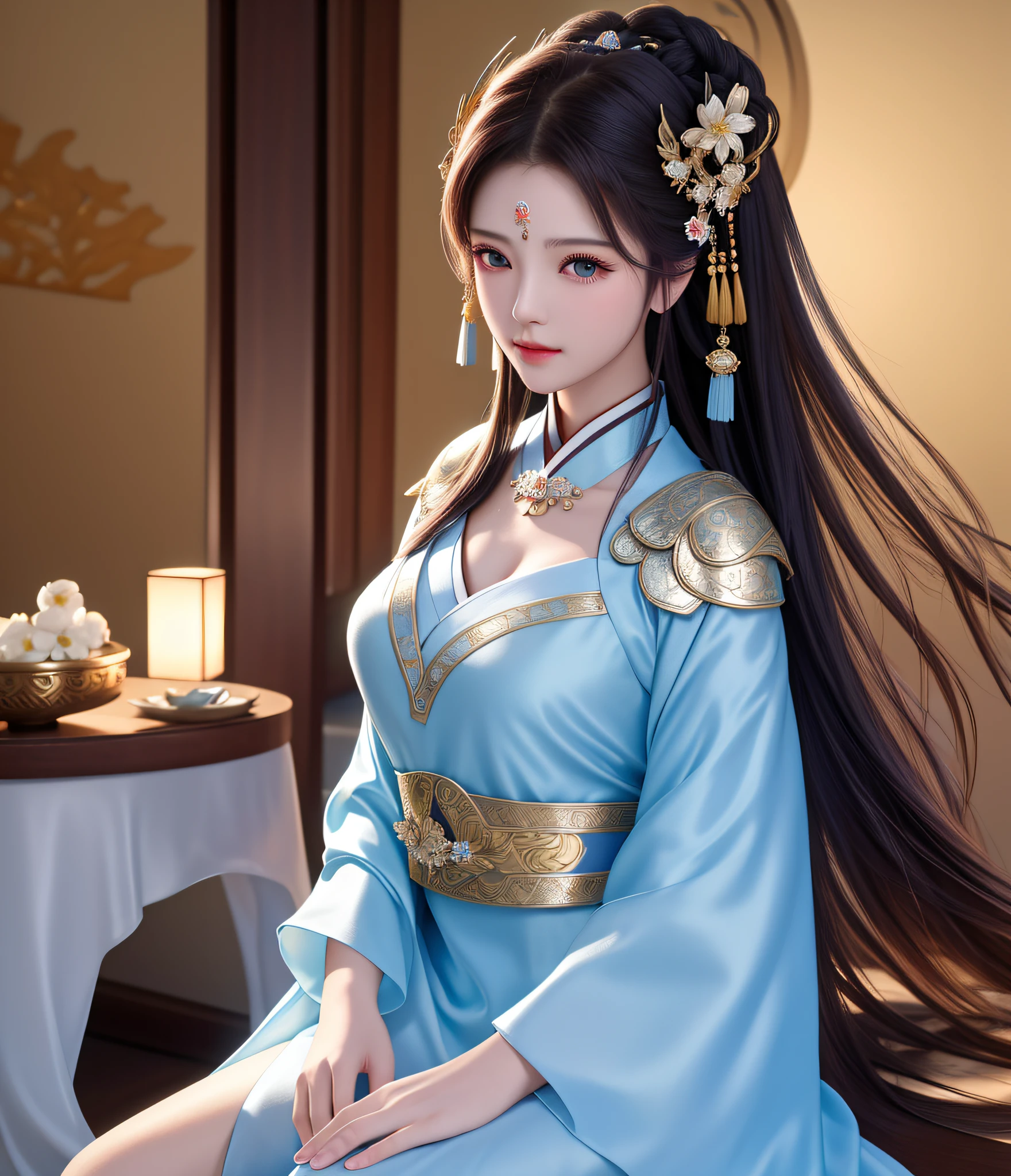 best quality, masterpiece, high resolution, 1girl, chinese hanfu, ancient chinese battlefield, metal armor, metal collar, hair accessory, necklace, jewelry, beautiful face, upon_body, tyndall effect, realistic, dark studio, edge lighting, duotone lighting, (high detail skin:1.2), 8k ultra hd, dslr camera, soft lighting, high quality, volumetric lighting, frank, photos, high resolution, 4k, 8k, bokeh, powder blue bikini, skinny, gauze dress, white silk