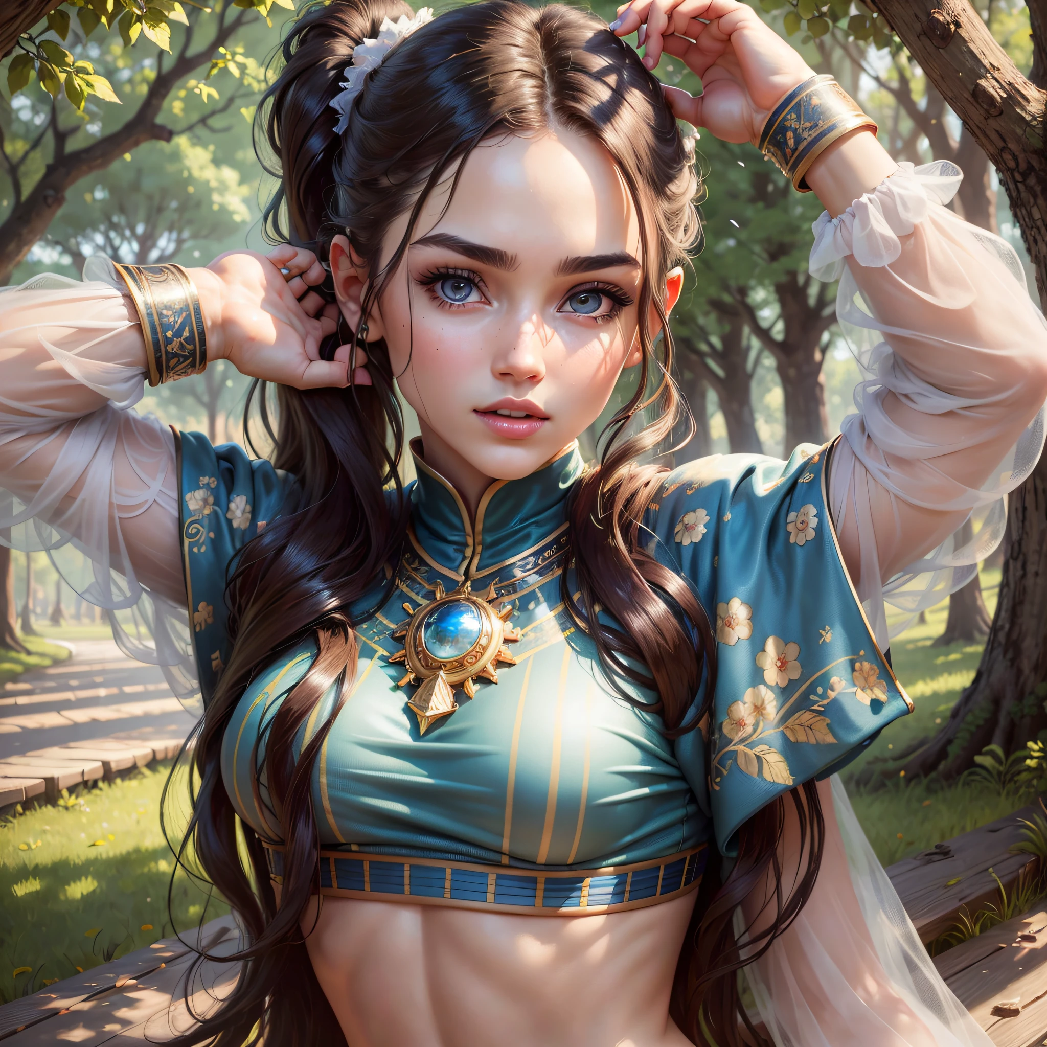 ((Top quality, 8k, Masterpiece: 1.3)), beauty, 1 girl, beauty: 1.3, slender abs: 1.1, sexy clothes, long brunette hair, (in the park), ultra-detailed face, highly detailed lips, detailed eyes, double eyelids, double ponytail --auto --s2