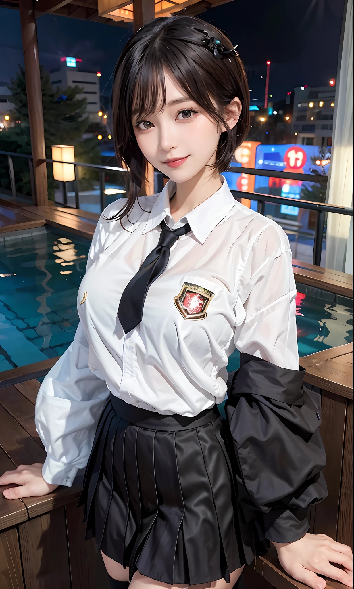 majicMIX real, (raw photo:1.2), (photorealistic:1.4), beautiful detailed girl,short hair, show off panties, show off panties, panty shot, highly detailed eyes and face, beautiful detailed eyes, huge file size, ultra detailed, high resolution, highly detailed, best quality, masterpiece, ((Japan girls' high school uniform)), illustration, very detailed, CG, unification, 8k wallpaper, fine details, highly detailed cg uniform 8k wallpaper, light on face, movie lighting, 16 year old girl, front, pleated skirt, blazer, pool, daytime, smile, sexy pose