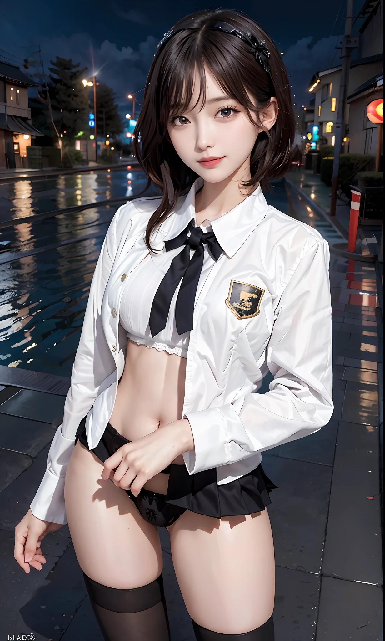 majicMIX real, (raw photo:1.2), (photorealistic:1.4), beautiful detailed girl,short hair, show off panties, show off panties, panty shot, highly detailed eyes and face, beautiful detailed eyes, huge file size, ultra detailed, high resolution, highly detailed, best quality, masterpiece, ((Japan girls' high school uniform)), illustration, very detailed, CG, unification, 8k wallpaper, fine details, highly detailed cg uniform 8k wallpaper, light on face, movie lighting, 16 year old girl, front, pleated skirt, blazer, pool, daytime, smile, sexy pose