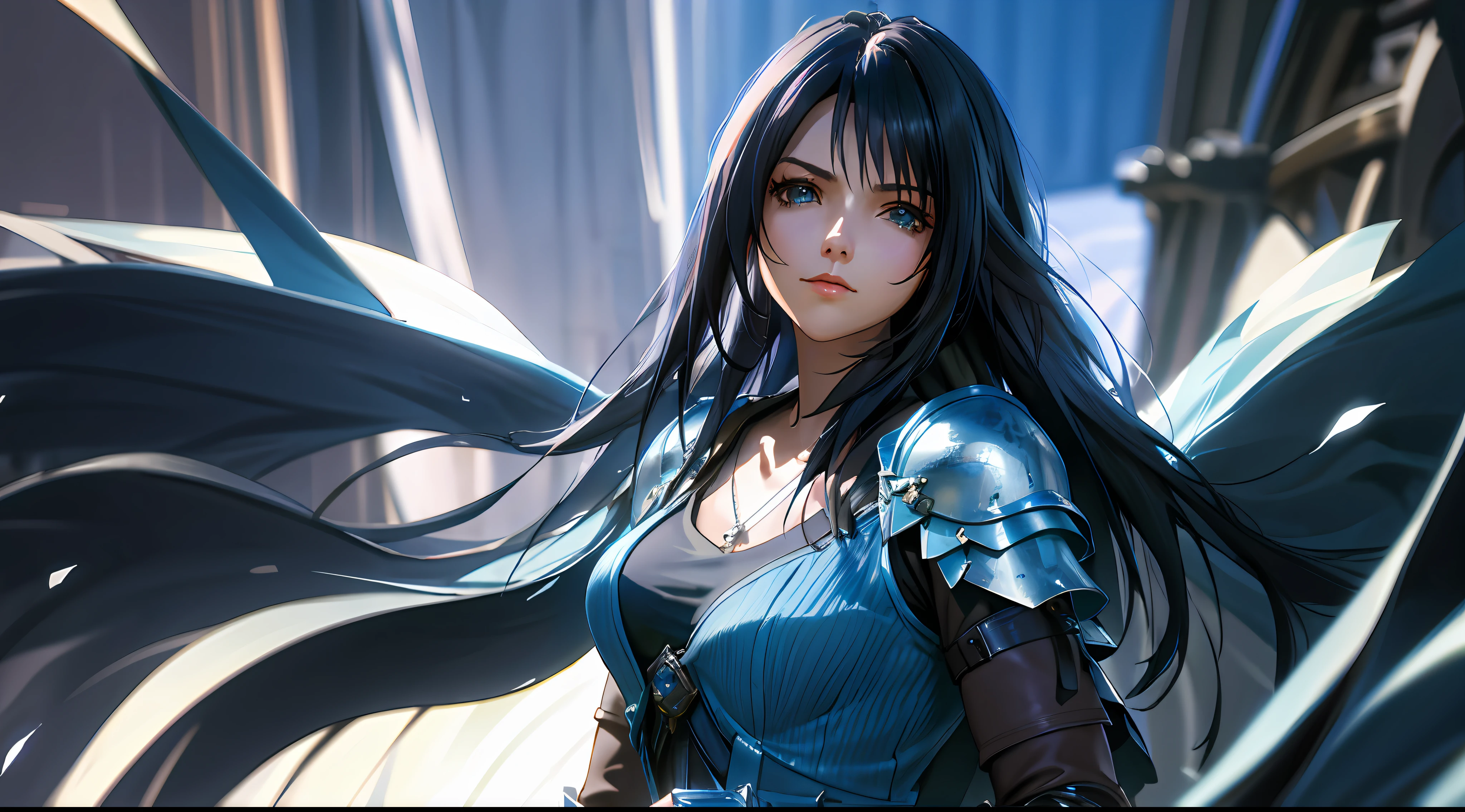 rinoa, blue dress armor, full gauntlets, dark blue full armor, dark fantasy, hair blowing in the wind, incomparable masterpiece, 8k uhd, perfect art, beautiful face, beautiful eyes, precise hands, dramatic lighting, ray tracing, symmetrical eyes