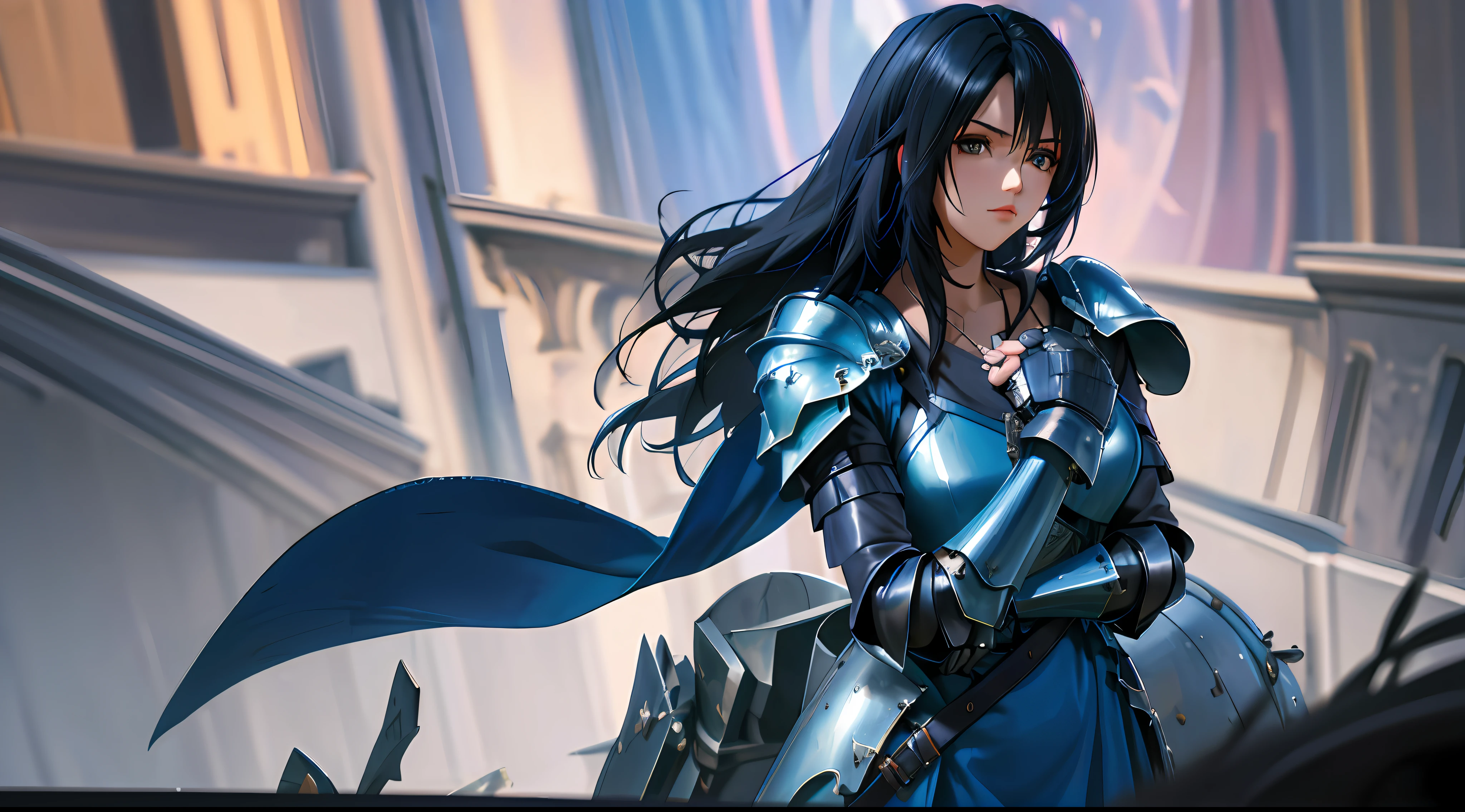 rinoa, blue dress armor, full gauntlets, dark blue full armor, dark fantasy, hair blowing in the wind, incomparable masterpiece, 8k uhd, perfect art, beautiful face, beautiful eyes, precise hands, dramatic lighting, ray tracing, symmetrical eyes