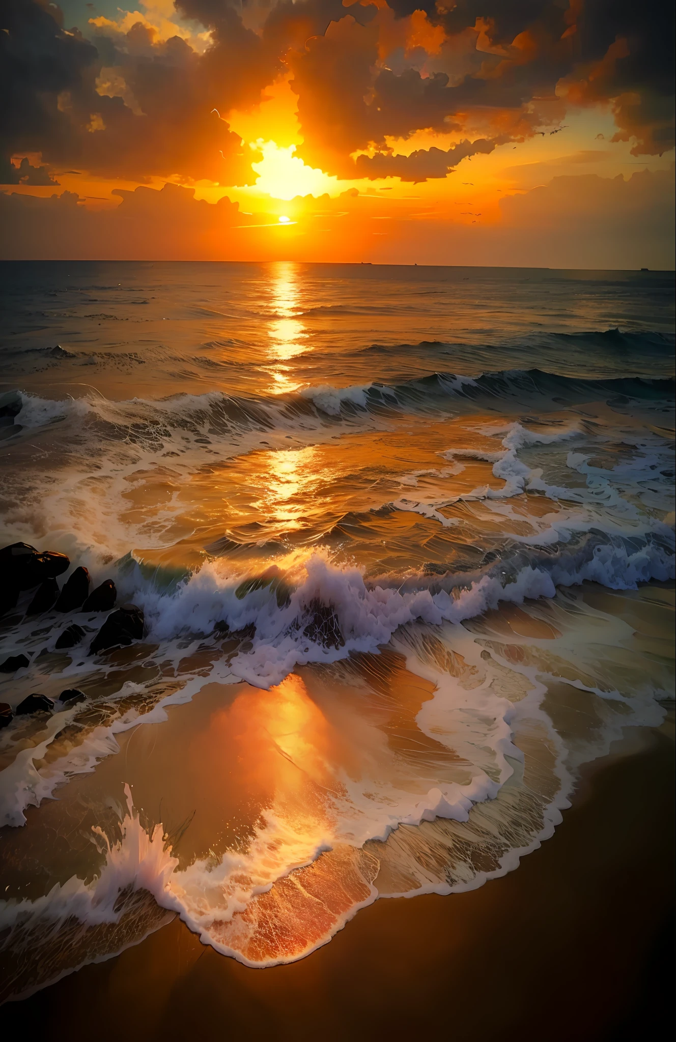 An absolutely mesmerizing sunset on the beach, with a mix of orange, pink, and yellow in the sky. The water is crystal clear, gently kisses the coast, and the white sand is endless. The scene is dynamic and breathtaking, with seagulls soaring high in the sky and palm trees swaying softly. Immerse yourself in the calm atmosphere and let the serenity surround you.