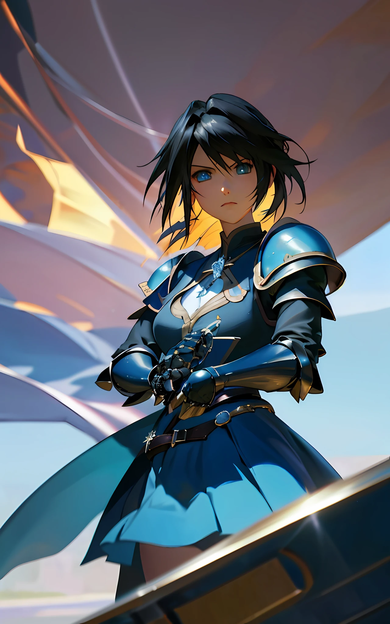 rinoa, blue dress armor, full gauntlets, dark blue full armor, dark fantasy, hair blowing in the wind, incomparable masterpiece, 8k uhd, perfect art, beautiful face, beautiful eyes, precise hands, dramatic lighting, ray tracing, symmetrical eyes
