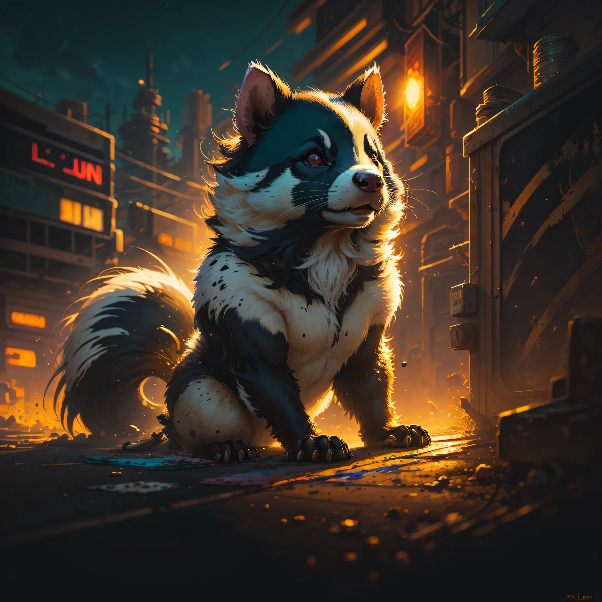 painting of a skunk, by Paul Lehr, golden hour, golden hour, grunge, hyper realistic, character concept, 8k --auto --s2