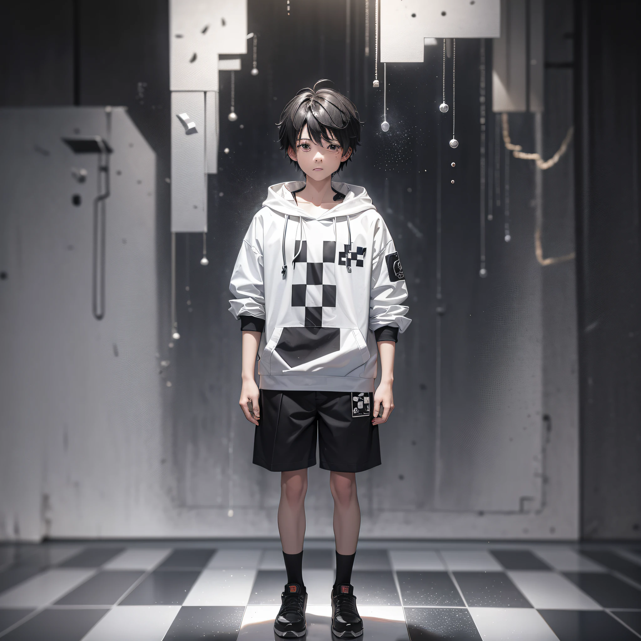 Full body shot of an anime boy with hopeful, wearing chess themed clothes, black and white patches/cubes, naive expression looking up amidst a euphoric, dull simple background. Behind the boy is a straight wall set amidst a 16k environment. The boy is caught in a tired stance, sobbing and crying with depression weighing heavily upon him. The environment is charged with an even mix of dust and particles