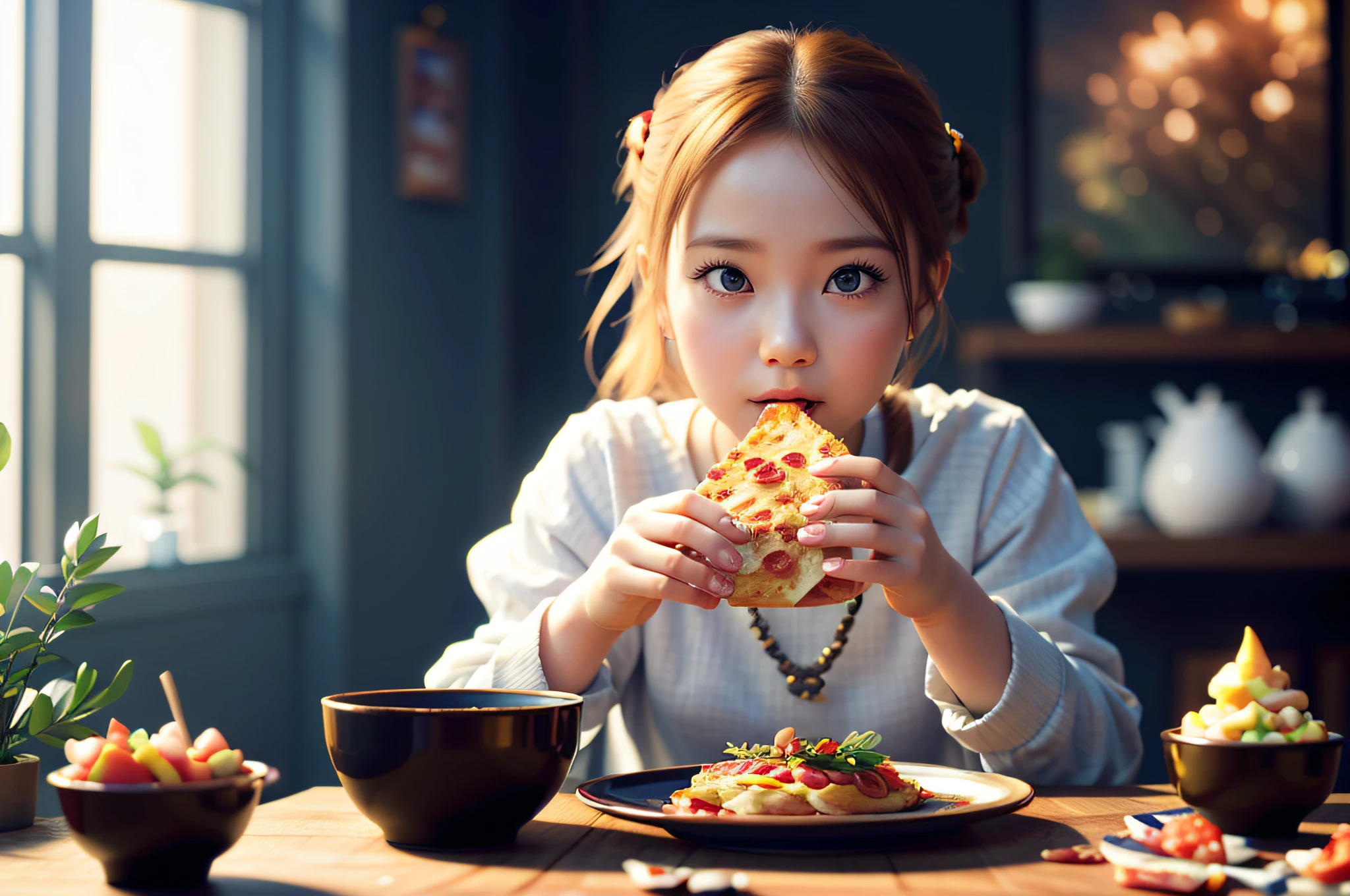 there is a young girl eating a piece of pizza at a table, artwork in the style of guweiz, adorable digital painting, food commercial 4 k, digital art render, 3 d cg, 3d cg, beautiful digital artwork, realistic fantasy render, 8 k cg render, realistic anime 3 d style, super realistic food picture, cute 3 d render, daily render