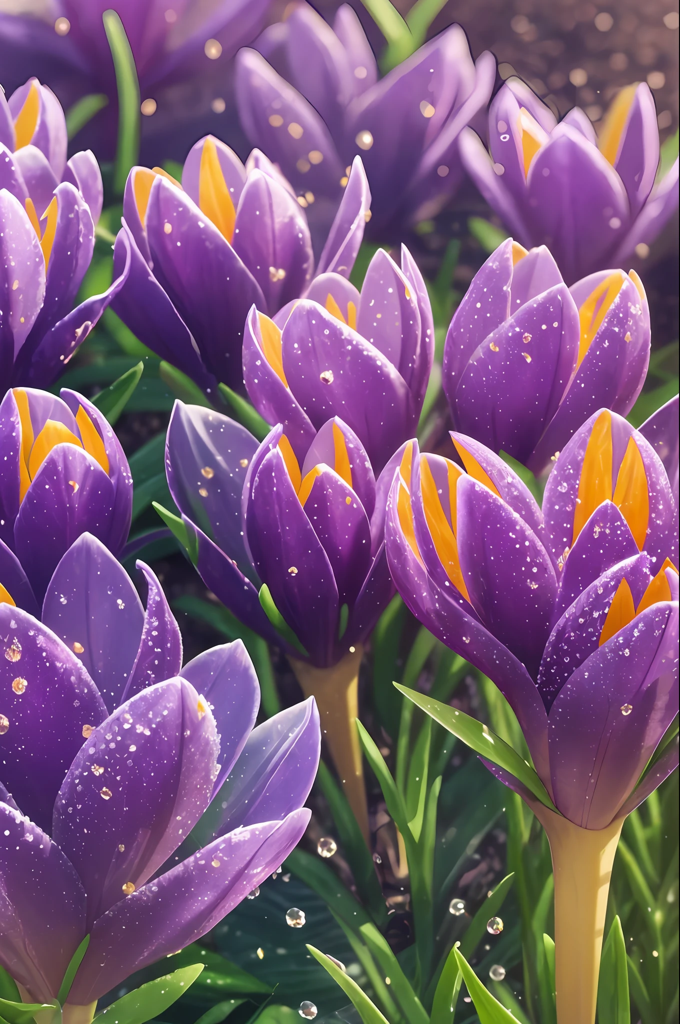 purple crocuses with dew drops, bright leaves and stems, golden ice, purple background, glow, high-detail, full detail, high resolution, glow, rendering, photorealism, 55mm, volumetric lighting, ray tracing, reflections --auto --s2