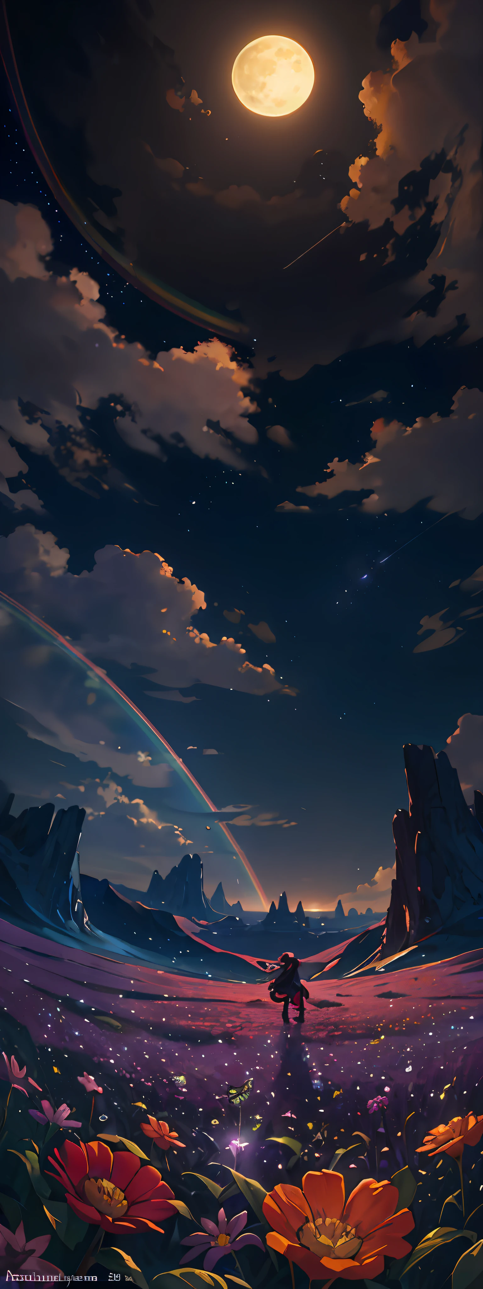Vast landscape photo, (viewed from below, the sky is above and the open field is below), a girl standing on a flower field looking up, (full moon: 1.2), (meteor: 0.9), (nebula: 1.3), distant mountains , Trees BREAK Crafting Art, (Warm Light: 1.2), (Fireflies: 1.2), Lights, Lots of Purple and Orange, Intricate Details, Volumetric Lighting, Realism BREAK (Masterpiece: 1.2), (Best Quality), 4k, Ultra-Detailed, (Dynamic Composition: 1.4), Very Detailed, Colorful Details, (Rainbow Colors: 1.2), (Glow Lighting, Atmospheric Lighting), Dreamy, Magical, (Solo: 1.2)