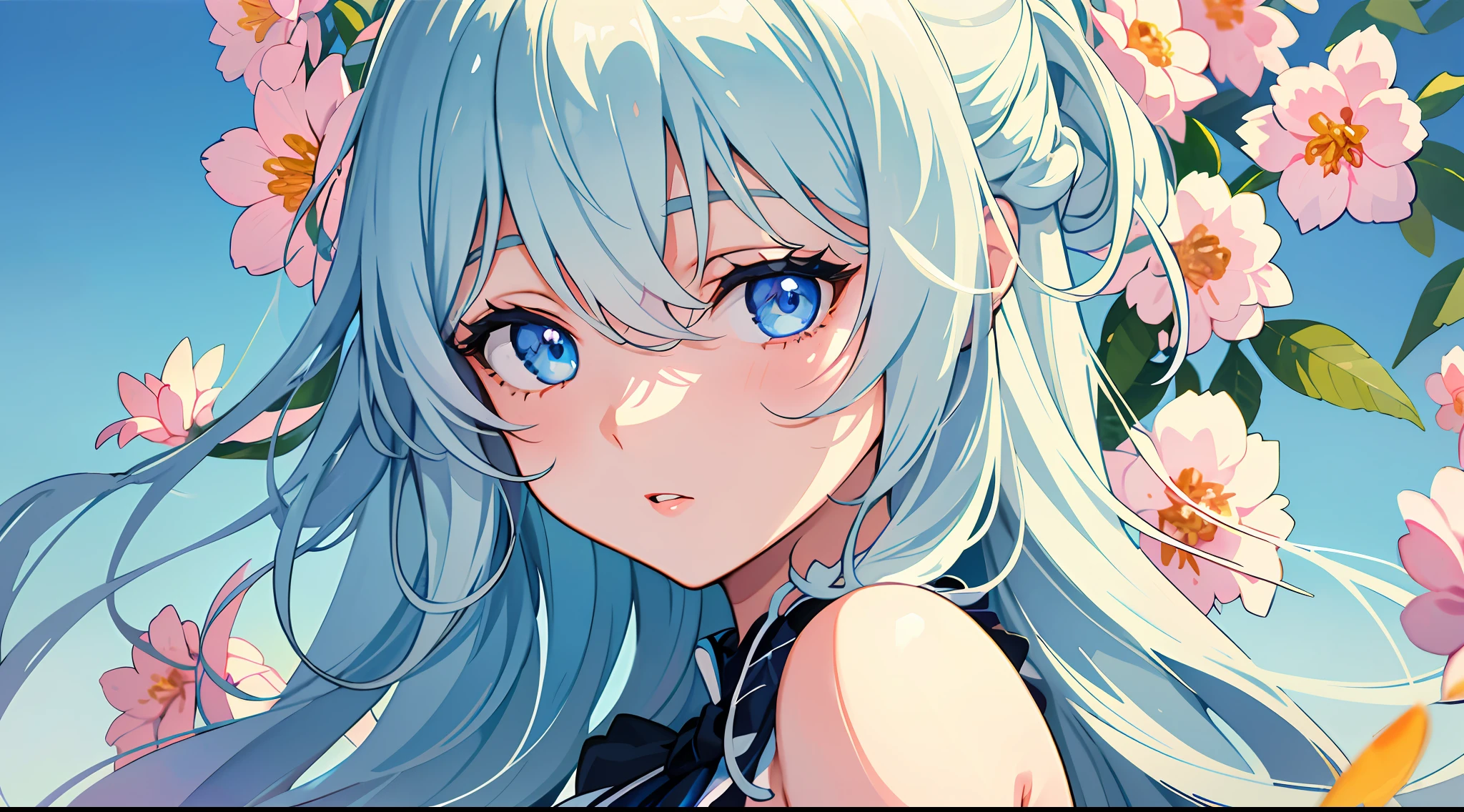 (masterpiece:1.2, best quality), (finely detailed beautiful eyes: 1.2), ((1girl)), ((solo)), a girl with mint hair, worn loose and wavy that some of her hair cover he face, light blue eyes with long eyelashes, (finely detailed eyes and detailed face:1.3), (beautiful and clear background:1.2), (extremely detailed CG, ultra-detailed, best shadow:1.1), ((depth of field)), ((watercolor)), (human1.5), (idol uniform:1.3), large breasts, bare shoulders, flowers and petals, beautiful concept illustration, (white background:0.5), (illustration:1.1), (extremely fine and beautiful:1.1), (perfect details:1.1), from side, cowboy shot,