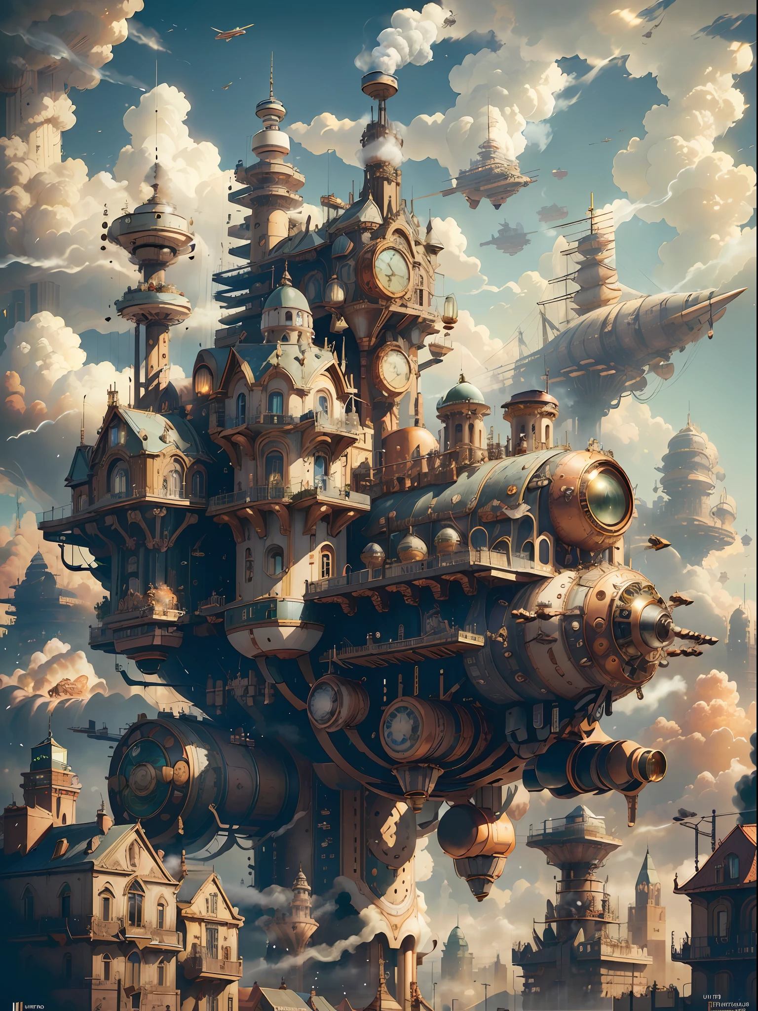 (((best quality))),(((ultra detailed))),(((masterpiece))), illustration, A steam punk city full of copper-green buildings, with steam vehicles and airships shuttling on the streets, and steam robots and ships carrying smoke filling the sky. Full shot photo of the most beautiful artwork in the world featuring steam punk city with airship, steam vehicles, smoke-filled sky, intricate details, high resolution, trending on social media, Instagram-worthy, futuristic, industrial, mechanical, vintage, retro-futuristic, cyberpunk, trending on ArtStation, trending on CGSociety, sci-fi, adventure, mystery, excitement, trending on DeviantArt.