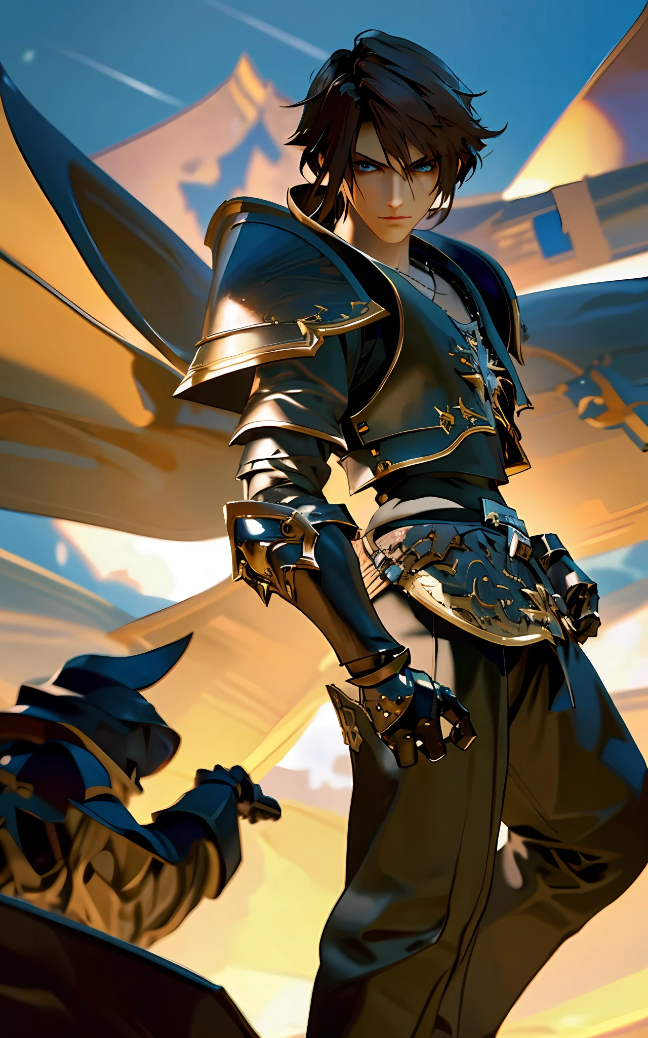 squall, black armor, full gauntlets, dark black full armor, dark fantasy, hair blowing in the wind, incomparable masterpiece, 8k uhd, perfect art, beautiful face, beautiful eyes, precise hands, dramatic lighting, ray tracing, symmetrical eyes