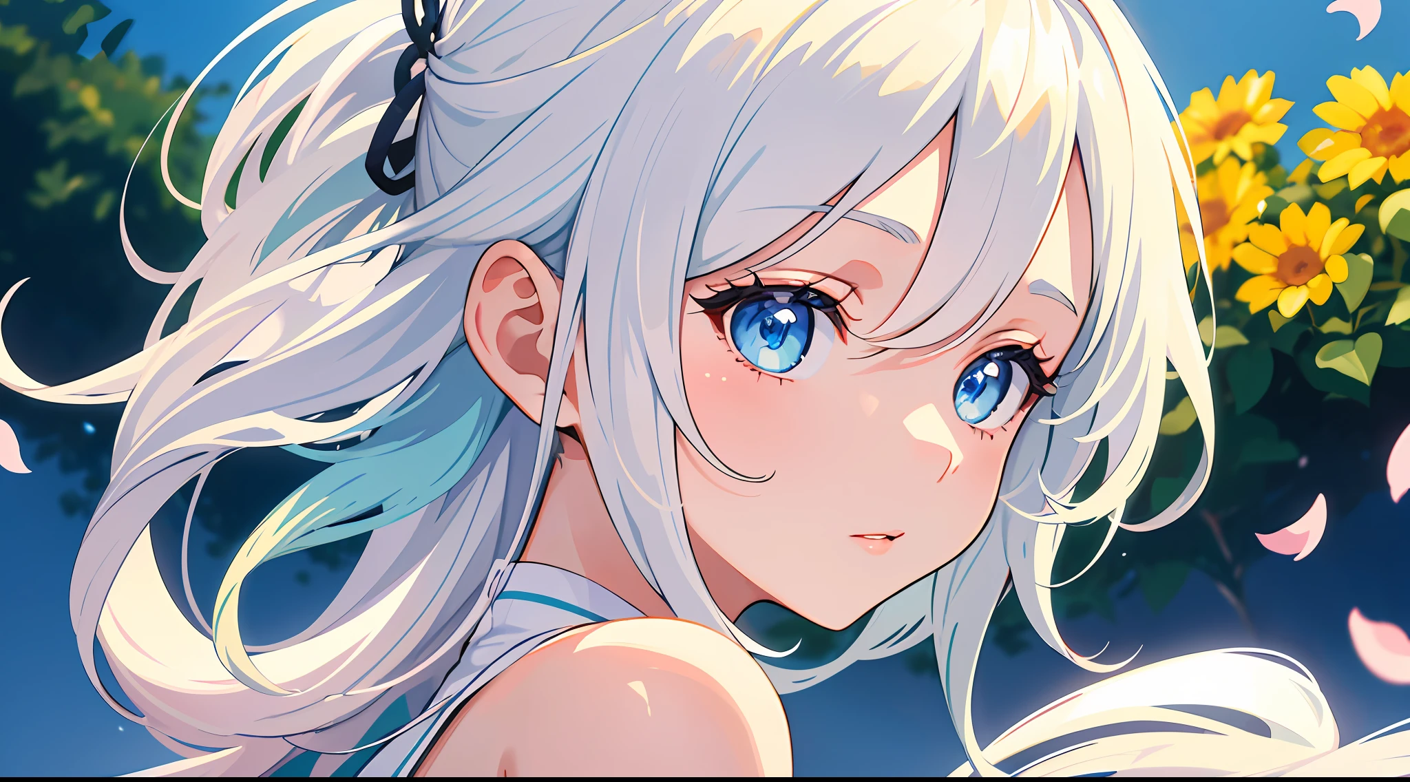 (masterpiece:1.2, best quality), (finely detailed beautiful eyes: 1.2), ((1girl)), ((solo)), a girl with mint hair, worn loose and wavy that some of her hair cover he face, light blue eyes with long eyelashes, (finely detailed eyes and detailed face:1.3), (beautiful and clear background:1.2), (extremely detailed CG, ultra-detailed, best shadow:1.1), ((depth of field)), ((watercolor)), (human1.5), (idol uniform:1.3), large breasts, bare shoulders, flowers and petals, beautiful concept illustration, (white background:0.5), (illustration:1.1), (extremely fine and beautiful:1.1), (perfect details:1.1), from side, cowboy shot,