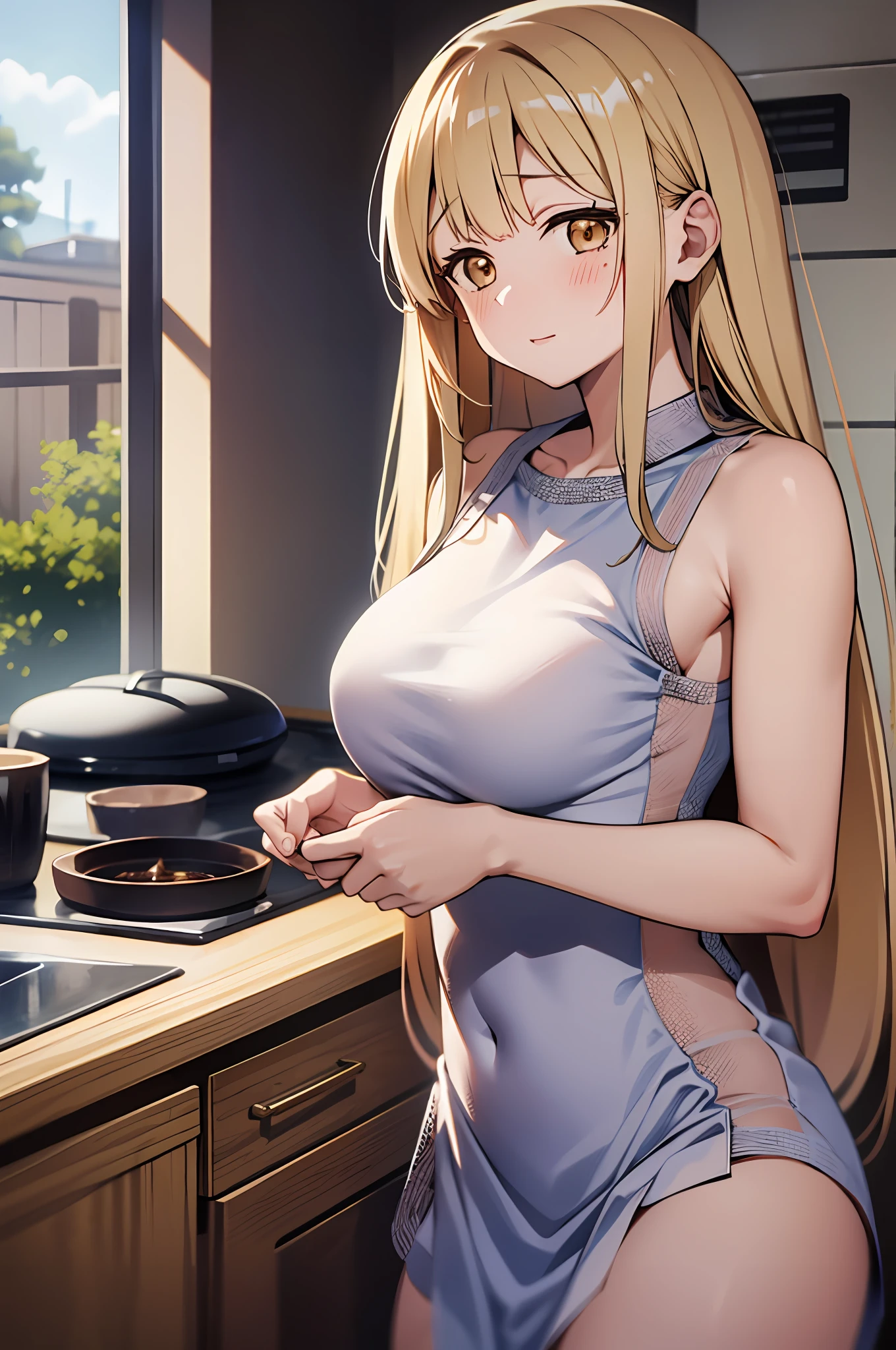 1girl, mahiru shiina, blonde long hair, (naked:1), napkin, kitchen, medium breasts, blushing:1.3
