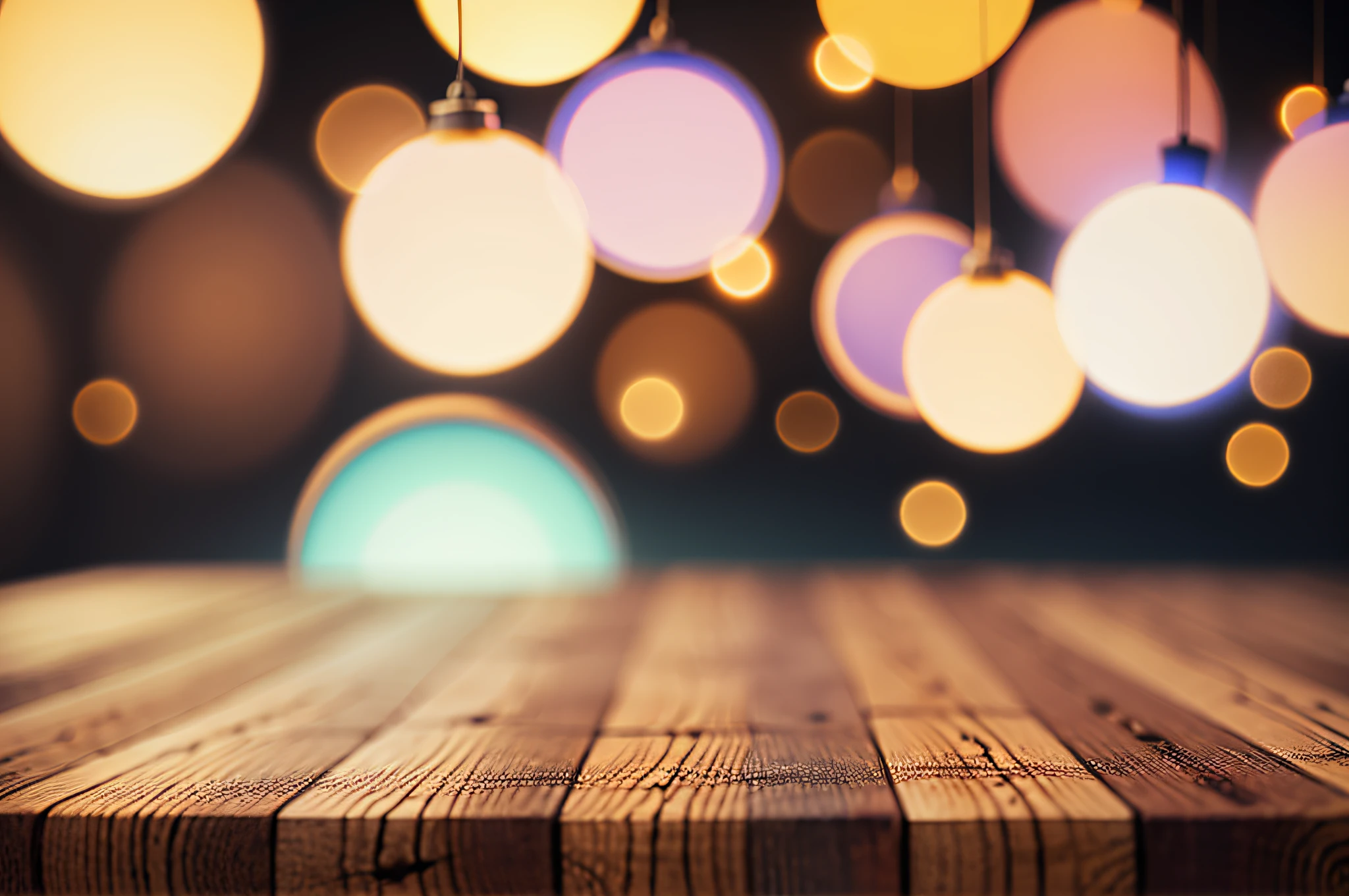 Empty wooden table top with lights bokeh on blur restaurant background. --auto --s2