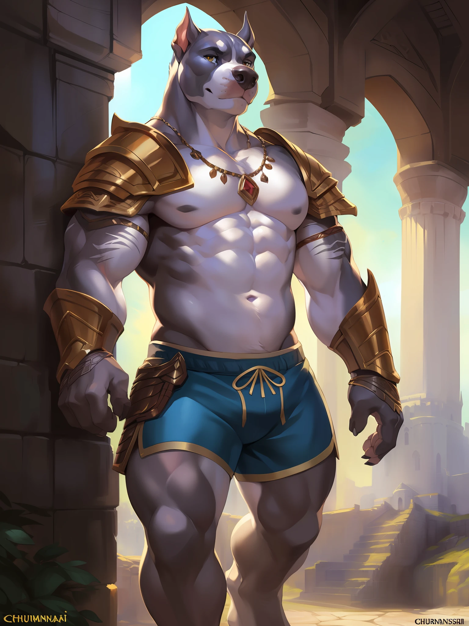 loaded in e621, (Pit Bull,Mastiff anthro male), low, standing, solo, muscle, texture of detailed scale, ancient castle, (battlefield), (tribal clothing, ((shorts)))), (shoulder armor, leg armor), gray body, white belly, dawn, shaded, dark environment, (art of chunie, (drakgem), ((rakisha)), (kontanagamori)), (front view), [simple background], detailed pupils, works of art, caustics, rim lighting,  Single light source, sharp shadows, solo portrait, (Digitgrade), (Kemono), by Inessa Garmash, Greg Rutkowski, Pino Daeni, Ruan Jia