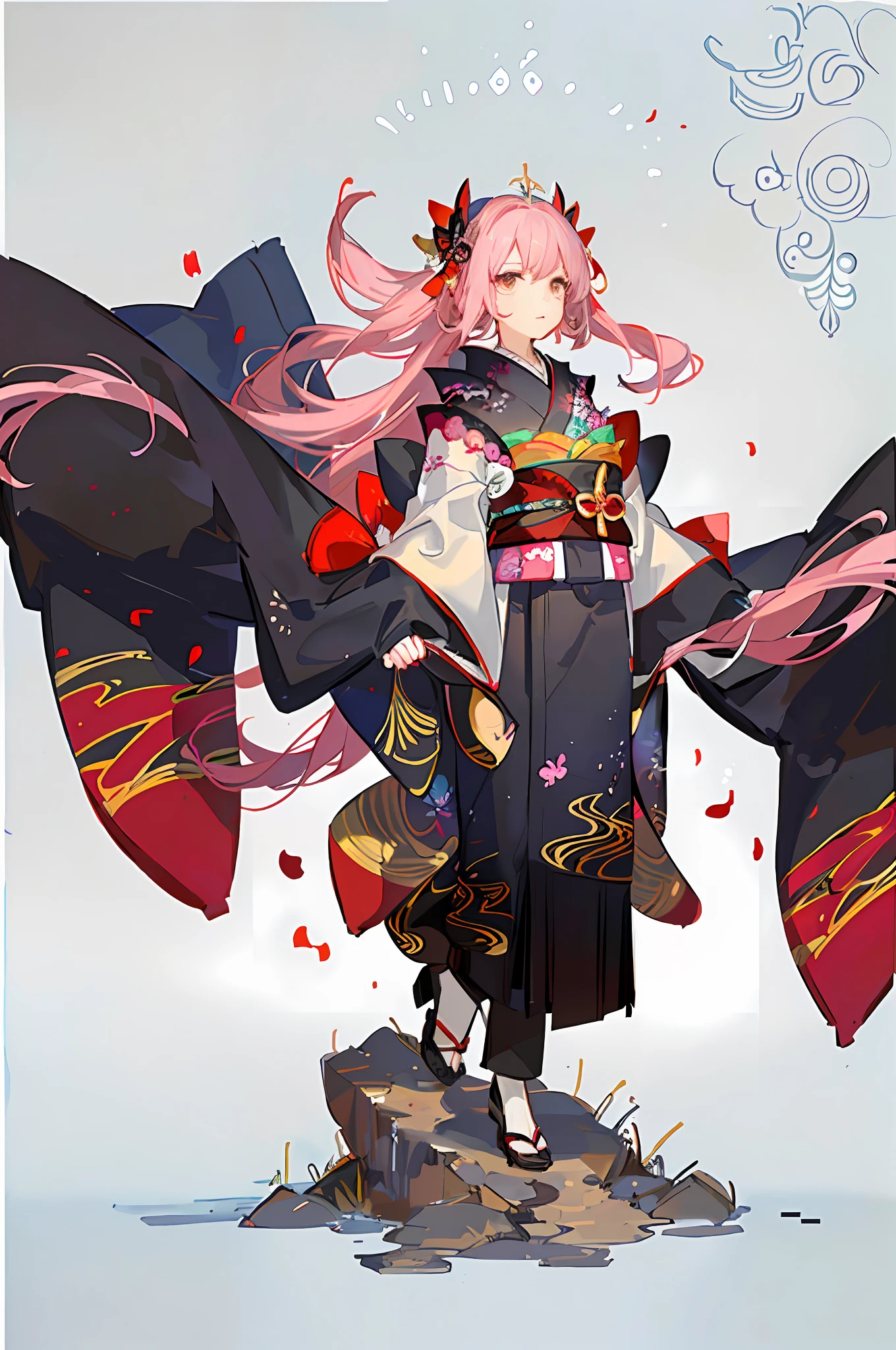 Masterpiece, animate, atmosphere feeling light and shadow, cozy, front, 1 girl, stand, arms raised, kimono, kimono pink_black
