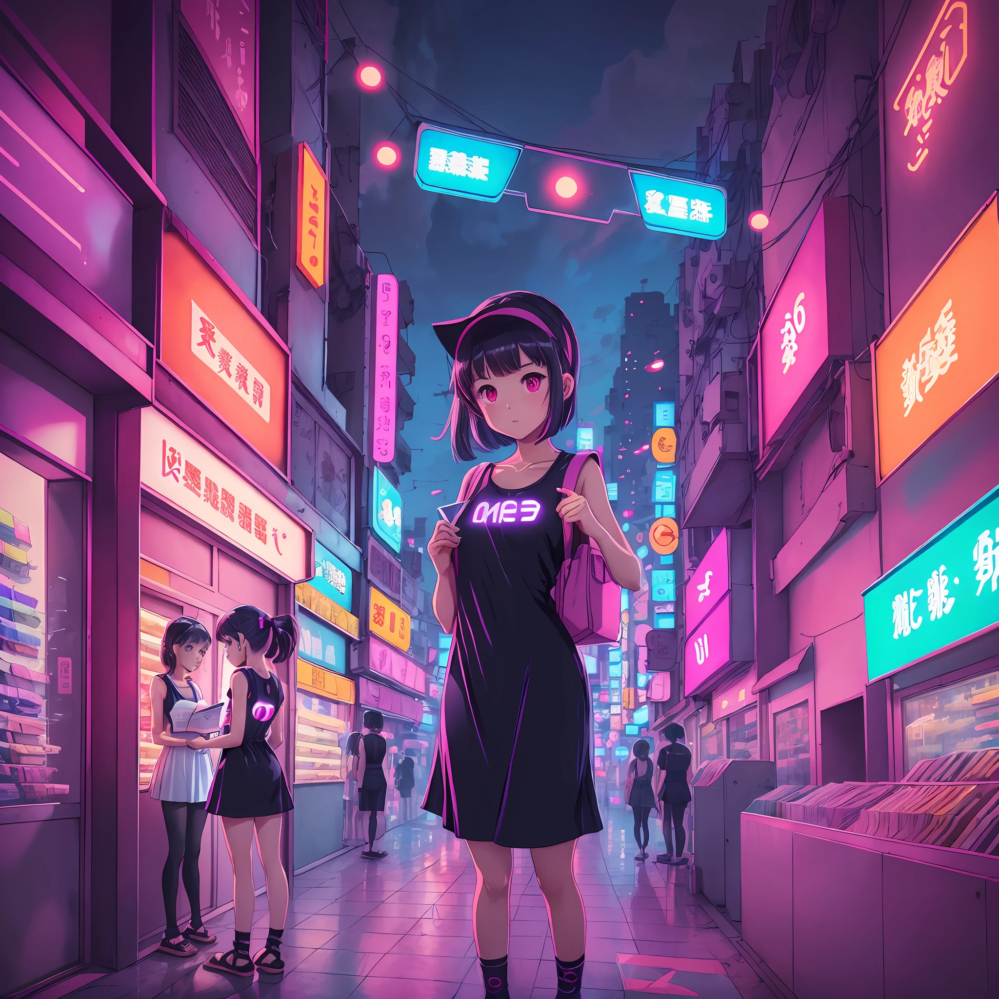 cute meo 1girl with Glowing eyes waring Vesttop One-piece dress sandals hold Paper airplane infront of Stationery store,sunset Cityscape,neon lights,Highly detailed,best quality,cinematic lighting,80s hong kong cityStreet view, Lo-fi max pop art colourful,epic,90s Japanese comic style --auto --s2