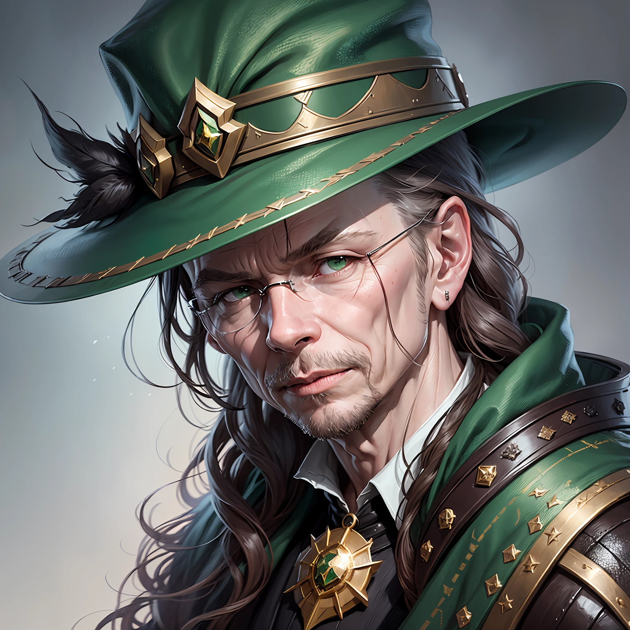 There is a man (gary oldman) with a hat on his head and green eyes, render 8k portrait, CGSsociety portrait, fantasy concept art portrait, vampire portrait, fantasy character portrait, detailed matte fantasy portrait, closeup character portrait, fantasy portrait, Alexandra Fomina artstation, fantasy art portrait, cinematic realistic portrait, epic fantasy art portrait, stunning character art, beautiful detailed portrait --auto --s2