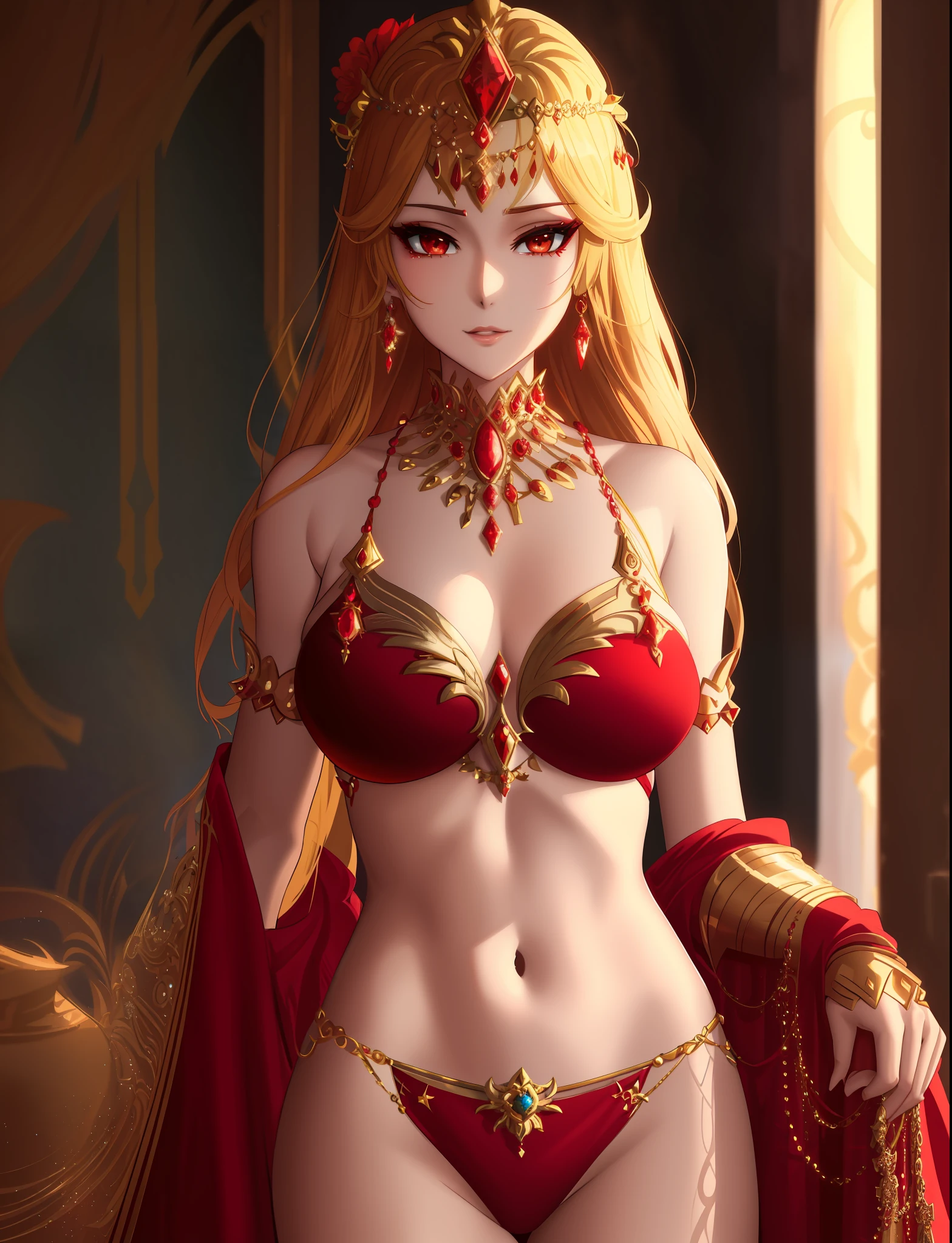 a close up of a woman in a red bikini and gold jewelry, a beautiful fantasy empress, ((a beautiful fantasy empress)), fantasy woman, gorgeous goddess of leo, 8k high quality detailed art, cinematic goddess body shot, fantasy art style, anime goddess, epic fantasy art style hd, beautiful alluring anime woman, beautiful goddess, hyperdetailed fantasy character