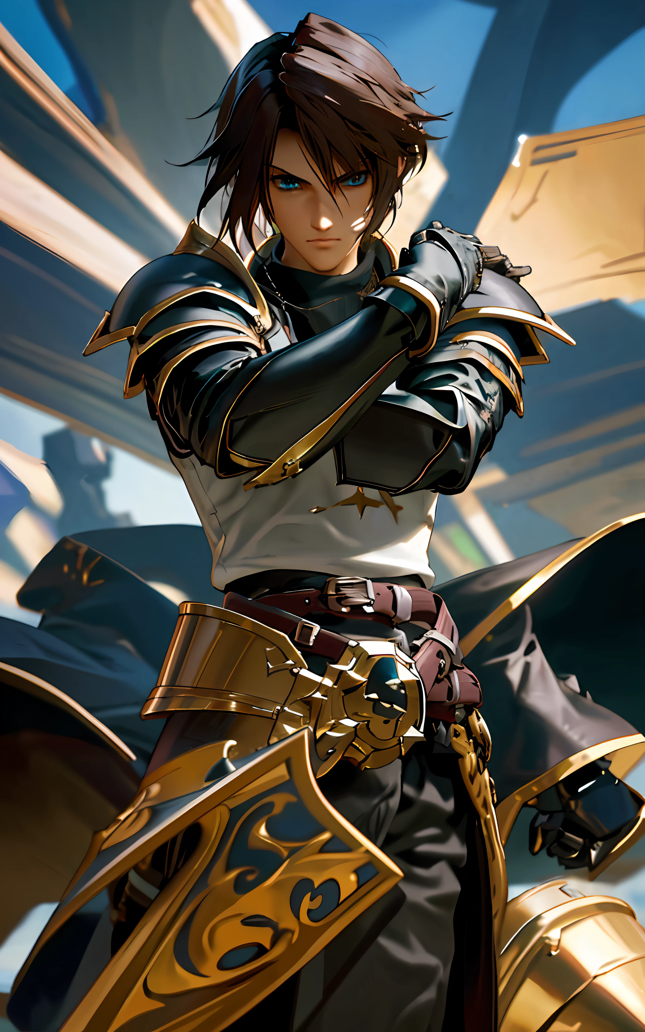 squall, black armor, full gauntlets, dark black full armor, dark fantasy, hair blowing in the wind, incomparable masterpiece, 8k uhd, perfect art, beautiful face, beautiful eyes, precise hands, dramatic lighting, ray tracing, symmetrical eyes
