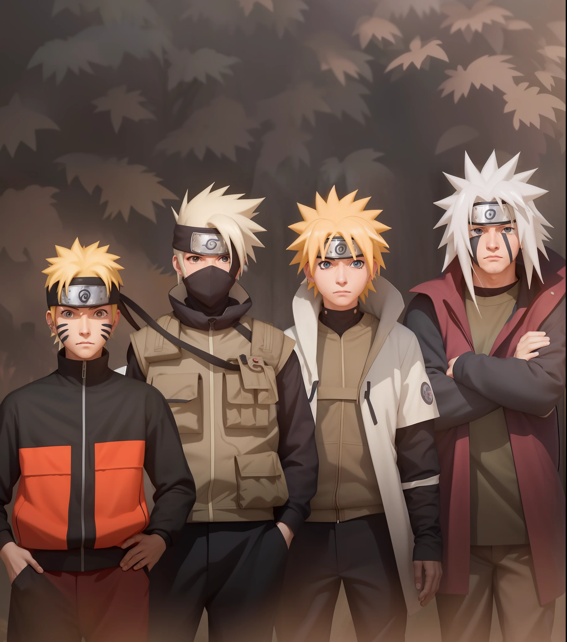 a group of people in costumes standing in a field, from naruto, naruto artstyle, kakashi hatake, shinobi, today's featured anime still, naruto in gta v, 🦩🪐🐞👩🏻🦳, pain from naruto, kakashi, naruto, joker as naruto, 🪔 🎨;🌞🌄, official art