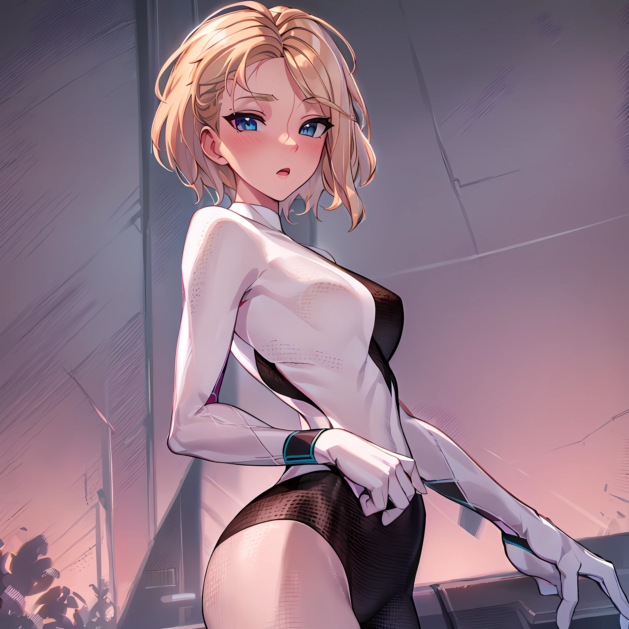 arurinh, (blushing)) ((blushing)), waist up, aberdes, long straight lift hair, dynamic pose, modelshoot: photoshoot, HD, high contrast, sharp image, mastery, mouth closed, balanced eyes, CG render, small skull, clavicle detail, (best quality detail: 1.2), realistic, 8K ultra-fine, high quality texture, fine texture, fine detail, high detail, extremely detailed CG, high quality shadows, beautiful and delicate eyes, freedom, beautiful woman, smaller breasts, tall, blurred background, lime-colored gym clothes,((((short hair))))