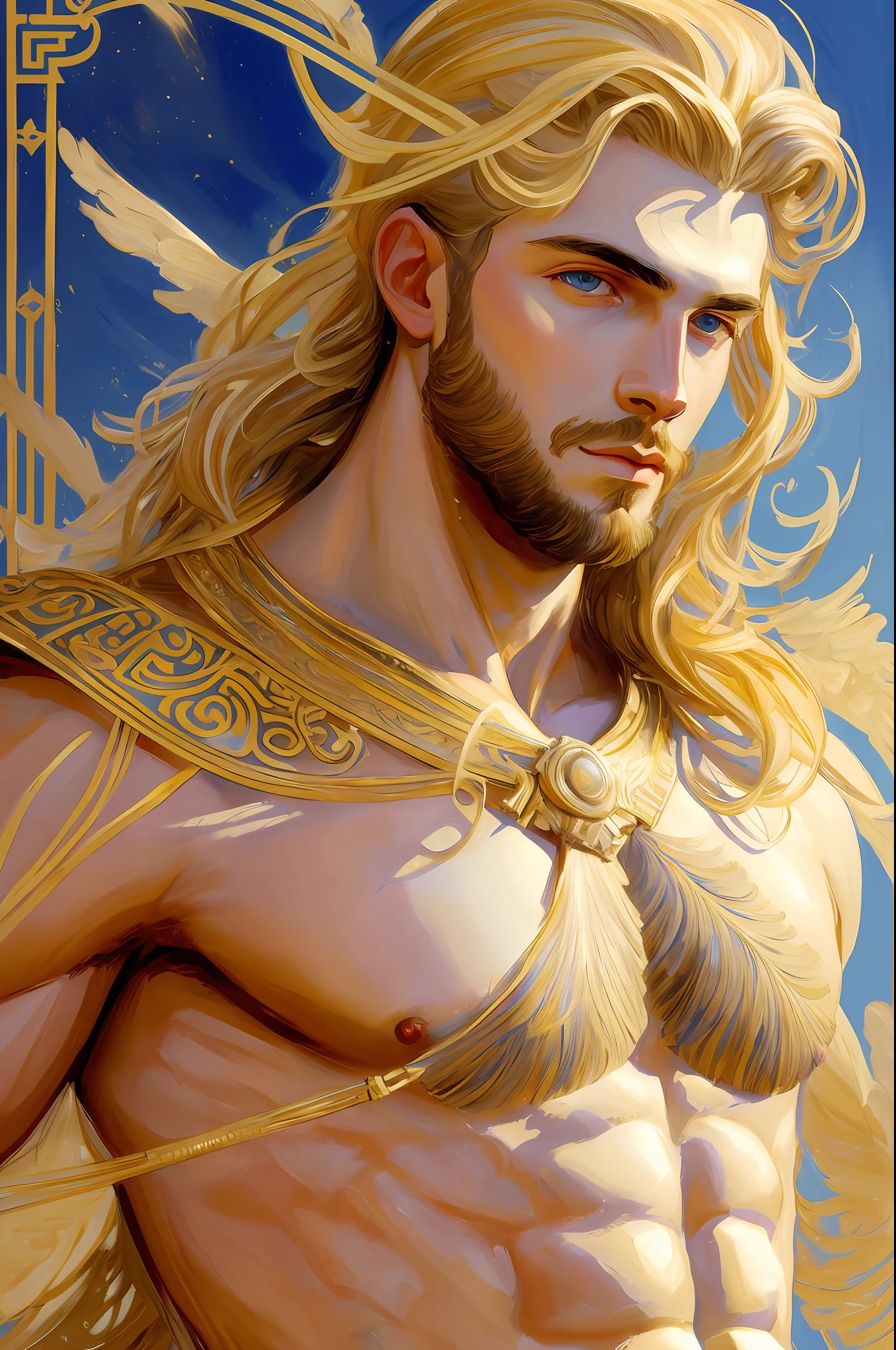A painted portrait of a fitted Apollo, God of beauty, greek god, greek male beauty, blonde hair, big expressive eyes, big lips, big masculine nose, golden skin, handsome male, young, insanely handsome, upper body, muscular, hairy torso, fantasy, intricate, elegant, highly detailed, digital painting, art station, concept art, soft, sharp focus, illustration, art by John Singer Sargent --auto --s2