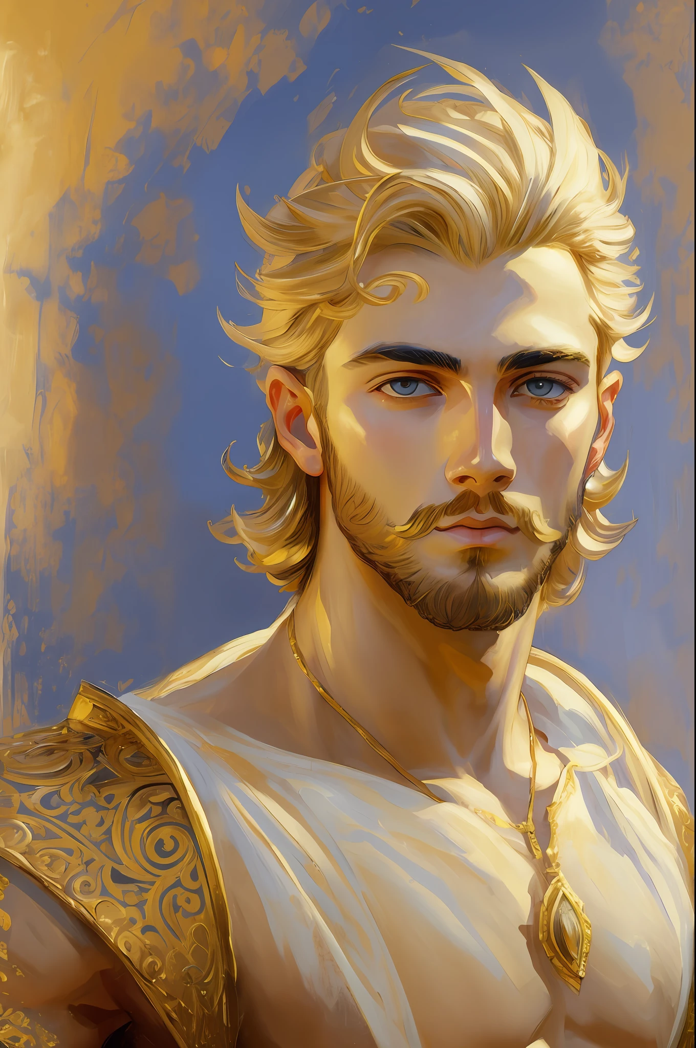 A painted portrait of a fitted Apollo, God of beauty, greek god, greek male beauty, blonde hair, big expressive eyes, big lips, big masculine nose, golden skin, handsome male, young, insanely handsome, upper body, muscular, hairy torso, fantasy, intricate, elegant, highly detailed, digital painting, art station, concept art, soft, sharp focus, illustration, art by John Singer Sargent --auto --s2