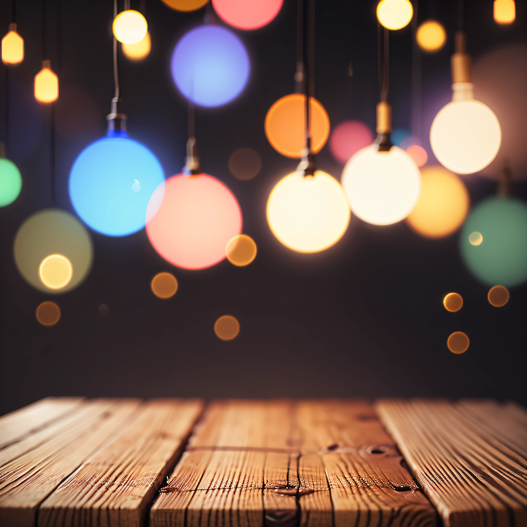 Empty wooden table top with lights bokeh on blur restaurant background. --auto --s2