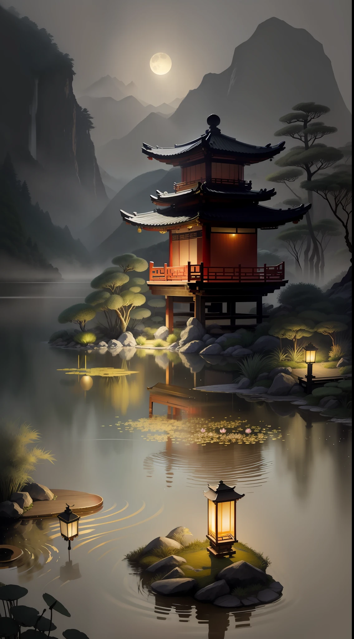 masterpiece,best quality,Chinese martial arts style,an asian night scene with lanterns and water lilies,asian pond with many lanterns and boatsa night scene with many lights and boats in the water, Lake surface, lotus flowers,beautiful night scene,(((Chinese martial arts style))), with vast sky, continuous mountains and steep cliffs, ink wash style, outline light, atmospheric atmosphere, depth of field, mist rising, bamboo, pine trees, octagonal stone pavilion, waterfall flowing water,big full moon,(No color) , Monochrome, light color,