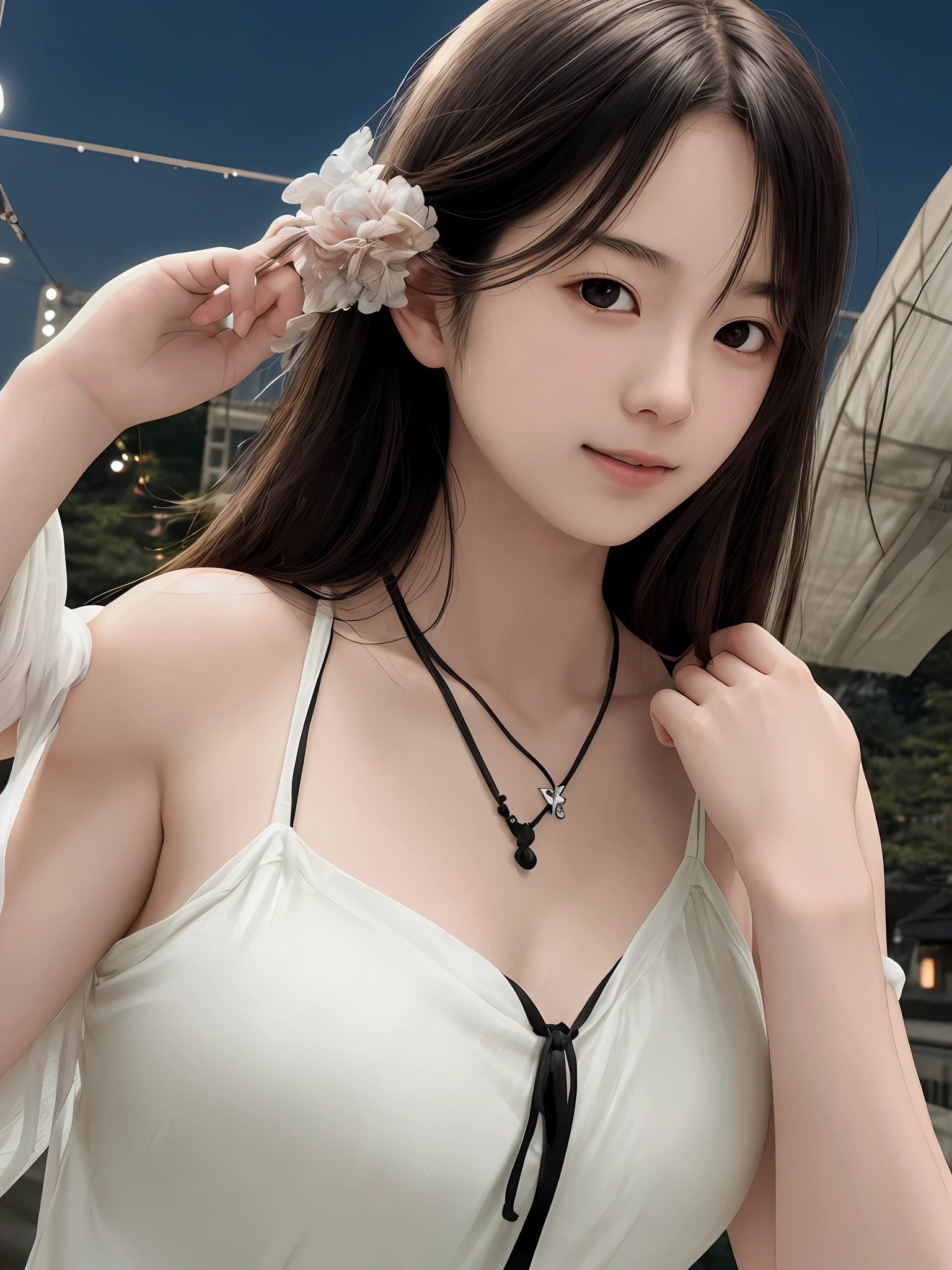 Realistic photo of cute girl, Yamato caress, braless, transparent white skin, beautiful and taut skin, natural skin, glossy black hair, Tokyo at night, gentle smile, shining eyes, cute necklace, solo, masterpiece, best image quality, detail, high definition photo, gentle breeze, airiness, detailed hands, perfect hands,