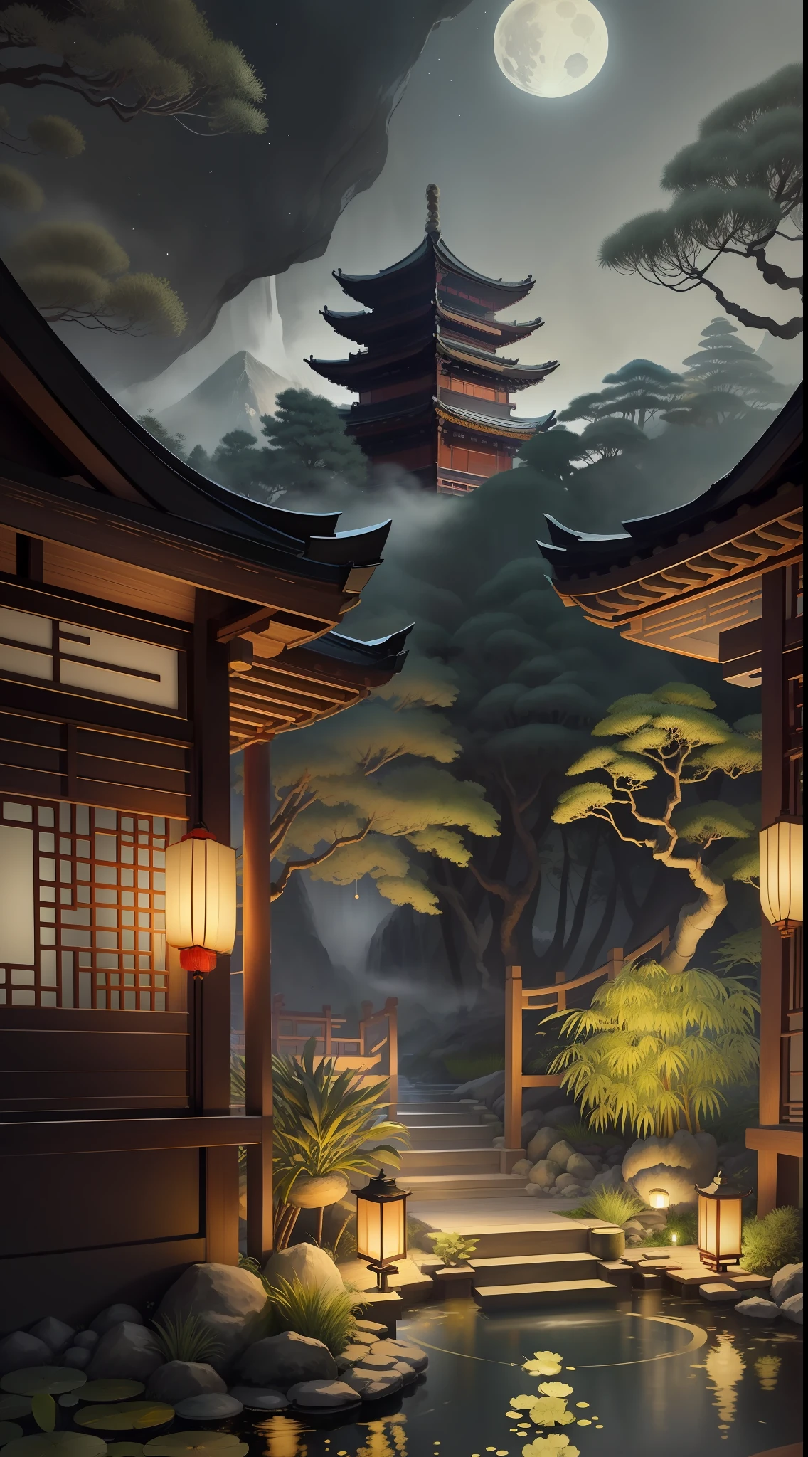 masterpiece,best quality,Chinese martial arts style,an asian night scene with lanterns and water lilies,asian pond with many lanterns and boatsa night scene with many lights and boats in the water, Lake surface, lotus flowers,beautiful night scene,(((Chinese martial arts style))), with vast sky, continuous mountains and steep cliffs, ink wash style, outline light, atmospheric atmosphere, depth of field, mist rising, bamboo, pine trees, octagonal stone pavilion, waterfall flowing water,big full moon,(No color) , Monochrome, light color,