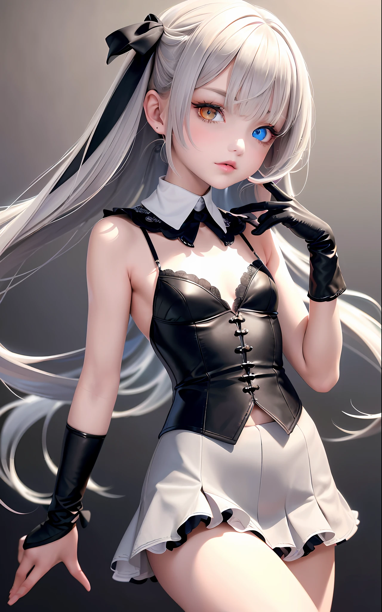 Superb Quality, Masterpiece, High Resolution, Best Quality, UHD, Super Detail, Award-Awarded, 16k, (Upper Body), A Beautiful Maiden, Gray Hair, Hair, ((Heterochromia)), Hanging Eye Corners, Fair Skin, (Small Breasts), (Slim Body), ((Miniskirt)), (Ribbon Collar), (Short gloves as short as half a palm)